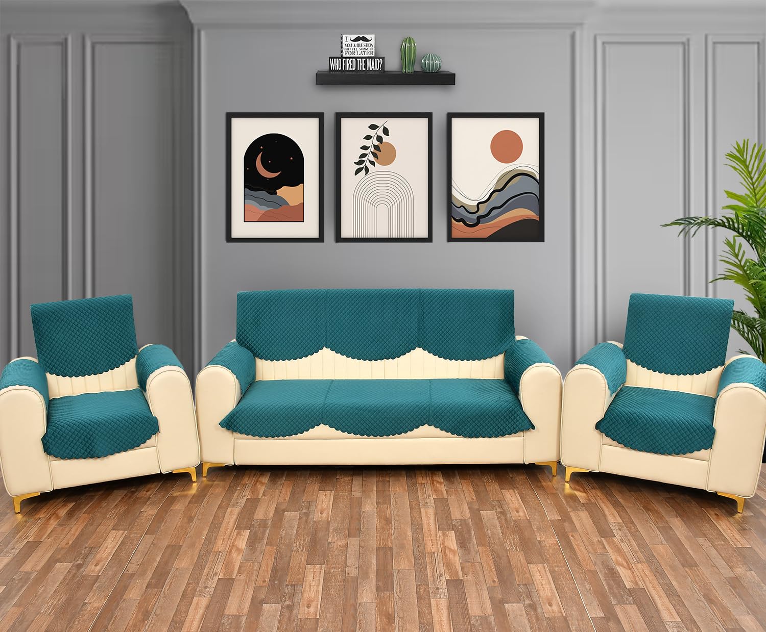 Yellow Weaves Velvet 5 Seater Self Design Quilted Sofa Cover And Chair Cover With Arm Cover, Seat & Back Cover, Color - Teal Blu
