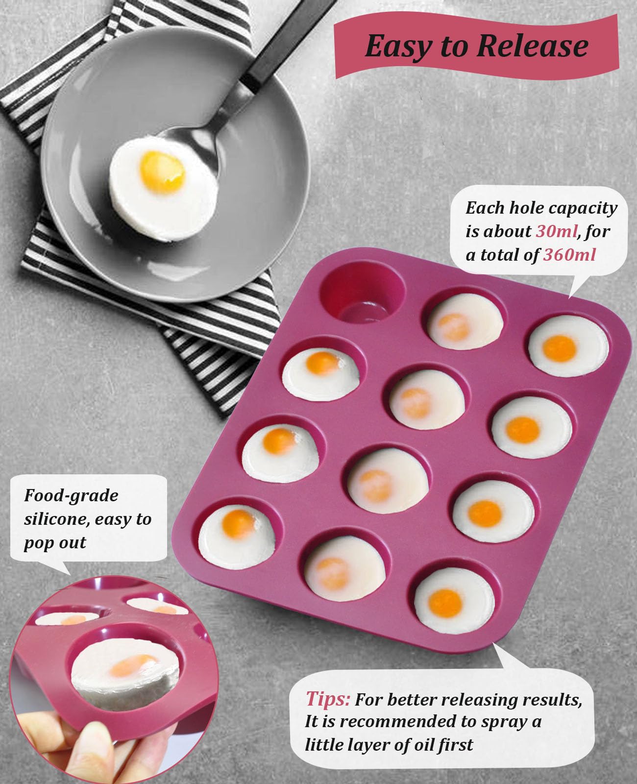 Sinoskye Silicone Mini Muffin Pan, 12-Cup Mini Cupcake Pan With Silicone Pastry Brush For Making Mini Egg Muffin, Keto Diet, Bpa