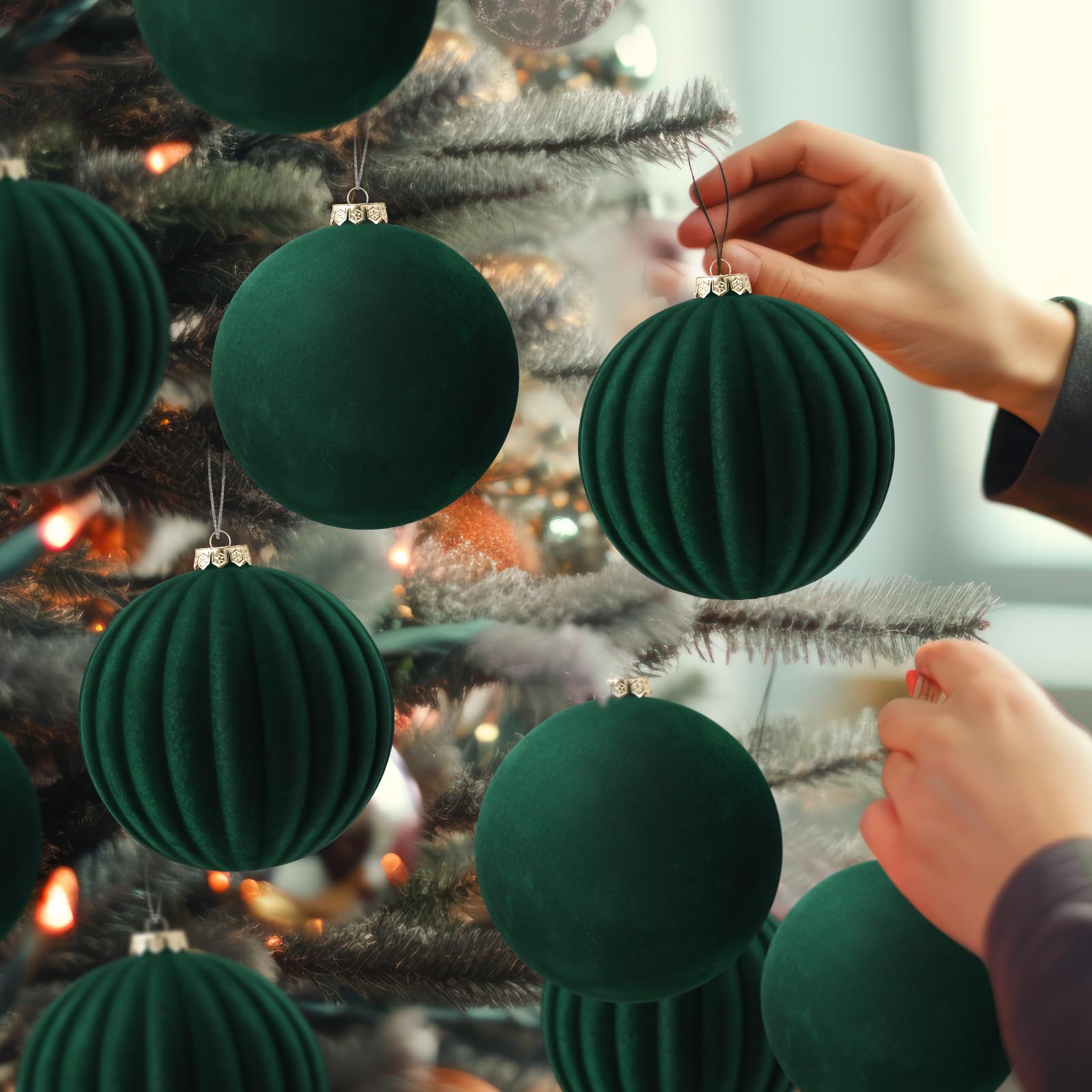 Syhood 9 Pcs 4 Inch Velvet Christmas Balls Large Velvet Xmas Tree Ornaments Balls Decorations Hanging Flocked Ornaments for Chri