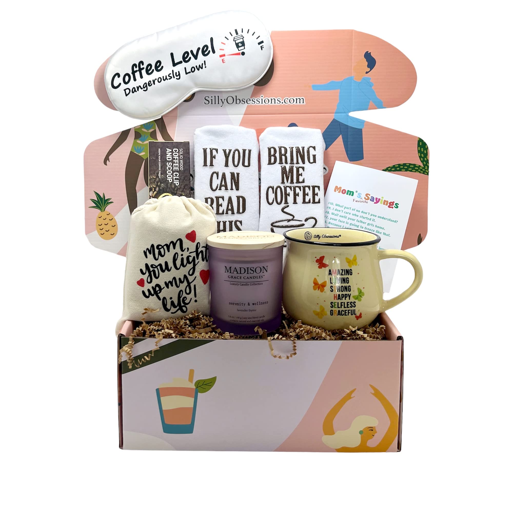 Silly Obsessions Coffee Lover Gift Basket For Mother Birthday Coffee Basket For Woman, Mom, Wife. Coffee Themed Gifts For New Mo