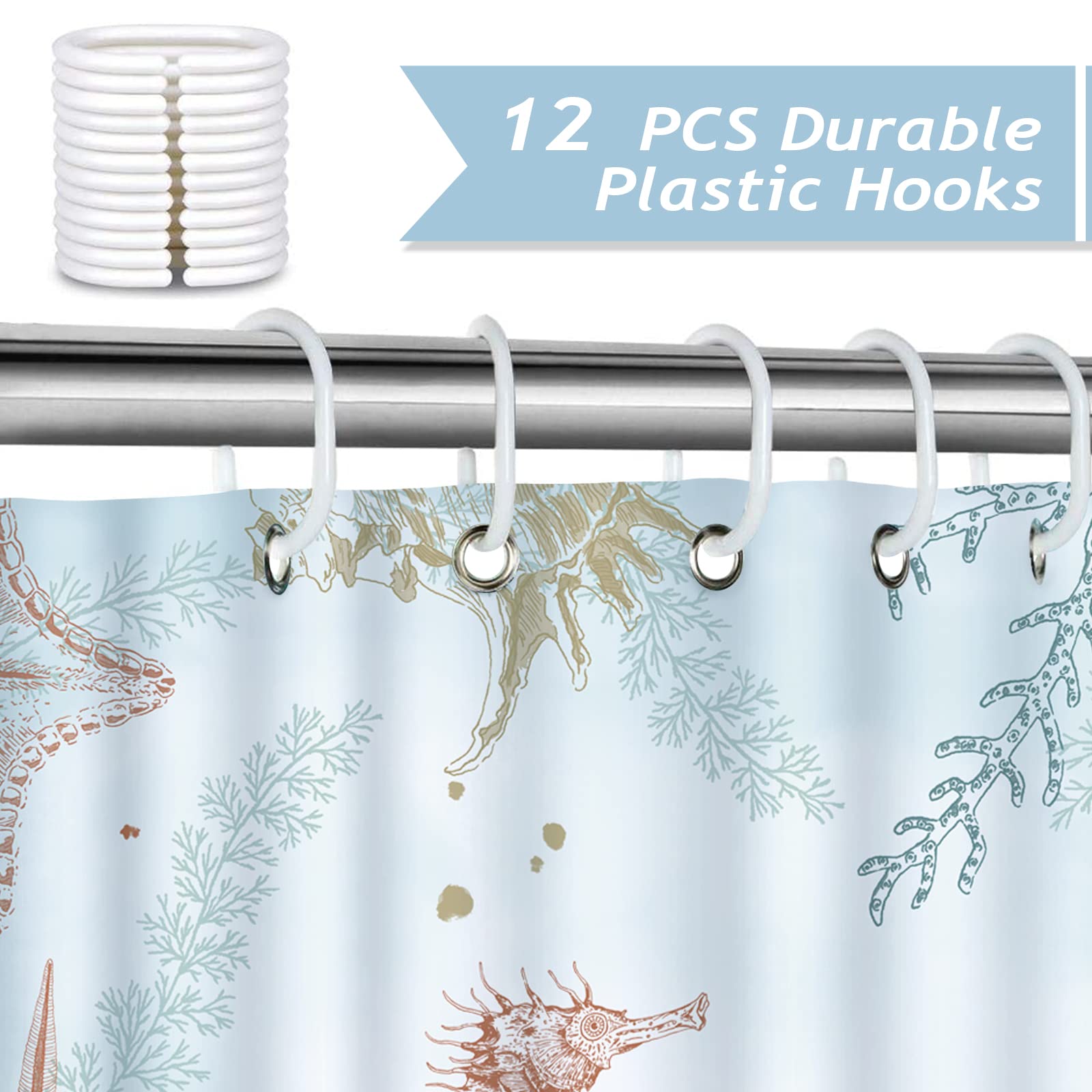 Bonhause Coastal Seahorse Shower Curtain Starfish Coral Beach Ocean Decorative Bath Curtain 72 X 72 Inch Polyester Fabric Machin