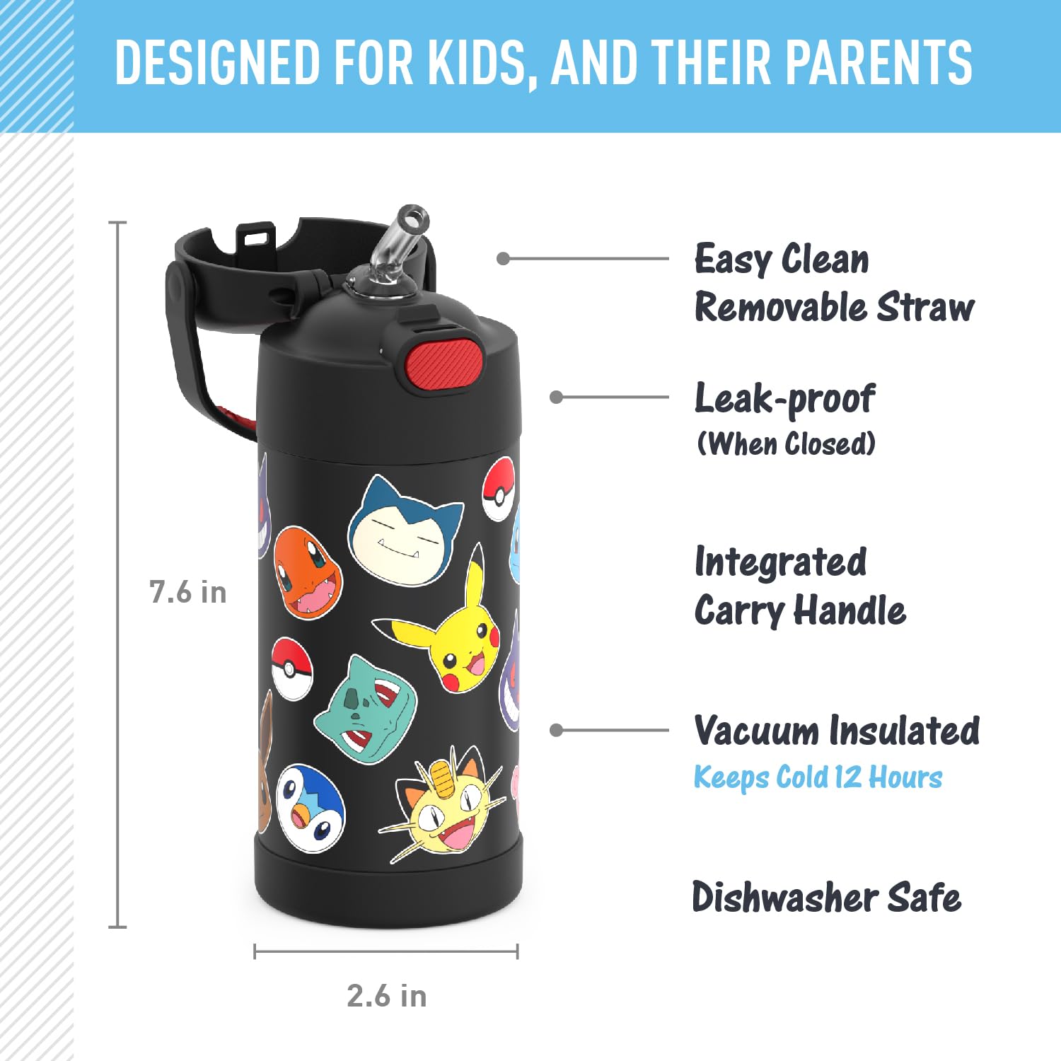 Thermos Funtainer Water Bottle With Straw - 12 Ounce, Pok  Mon - Kids Stainless Steel Vacuum Insulated Water Bottle With Lid