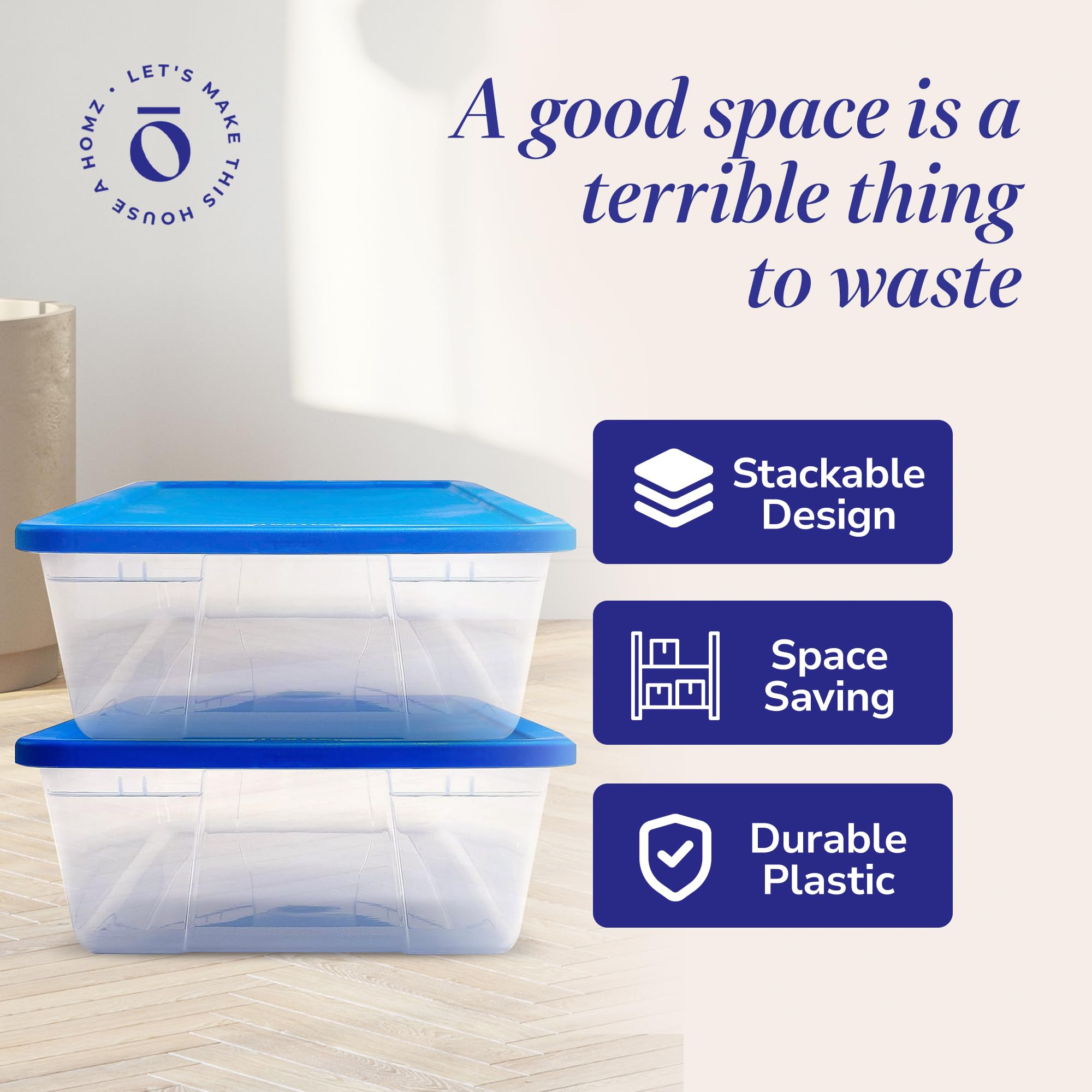Homz 2 Pack Storage Bins, Clear Plastic Organizing Containers W/Blue Lids, 41 Quart