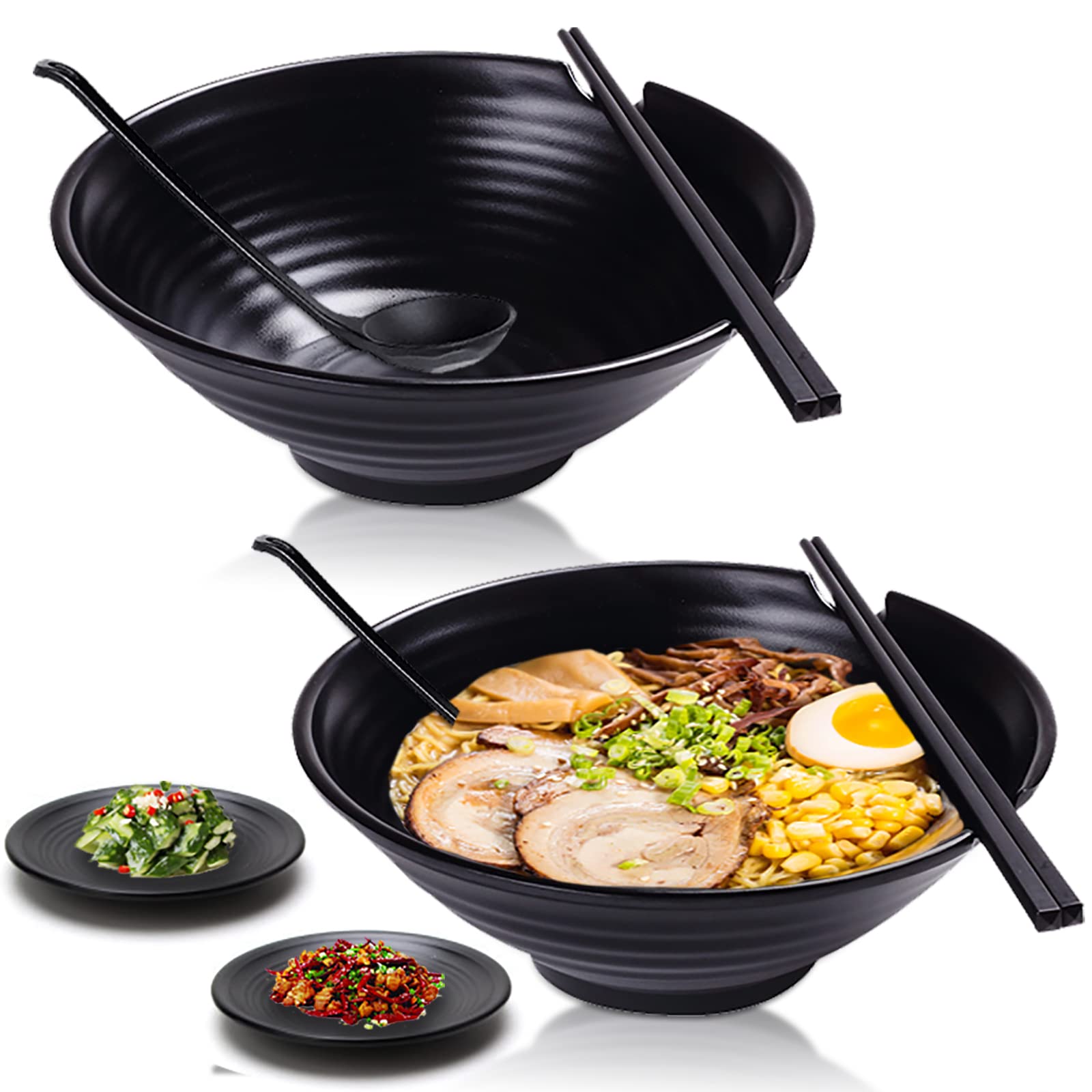 Vivimee Unbreakable Japanese Style Ramen Bowl Set Of 2, 37Oz Black Large Matte Melamine Bowls And Spoons Set With Chopsticks & S