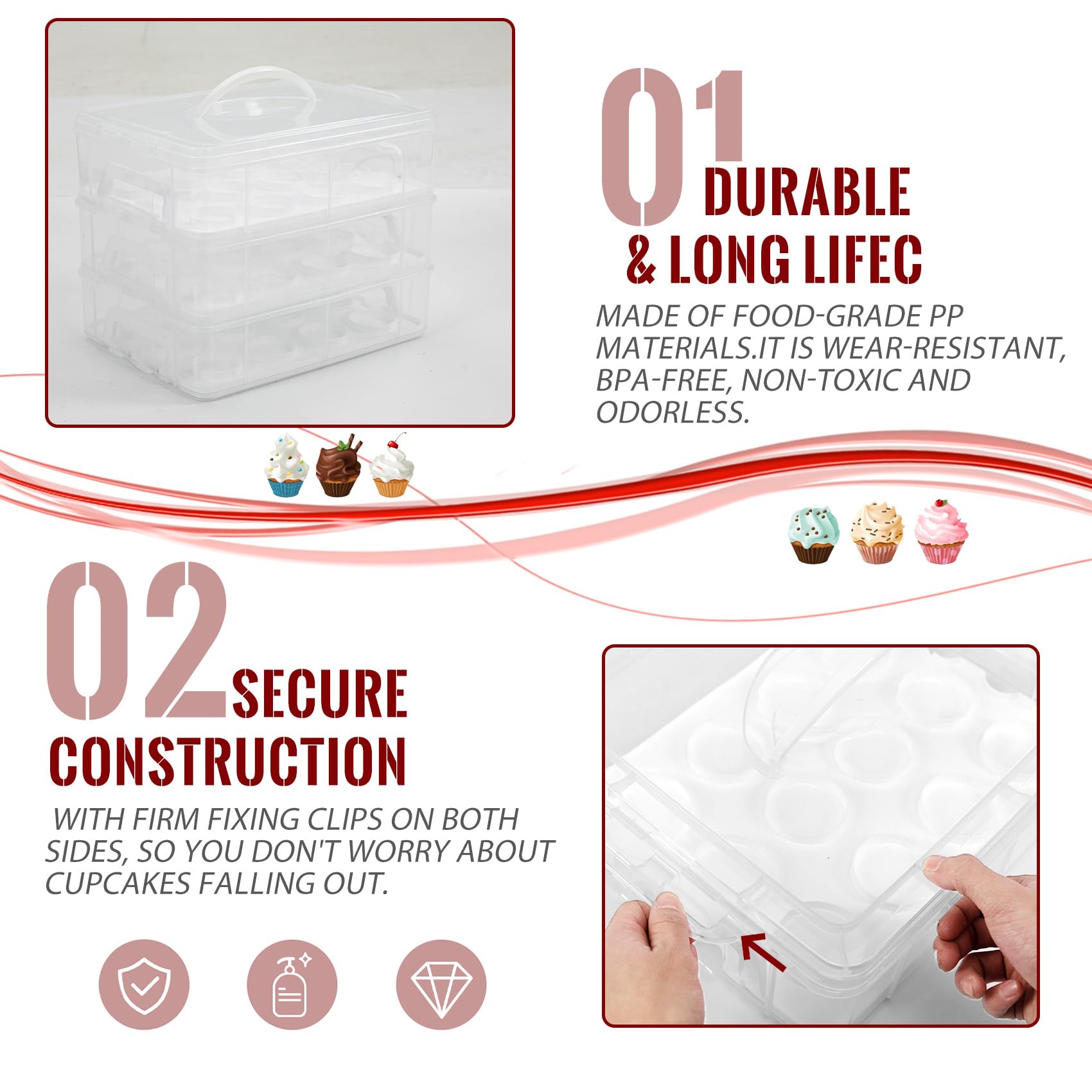 Lepump Cupcake Carrier, 3-Tiers Cupcake Containers, Holds 36 Cupcakes Or 3 Large Cakes, Cupcake Holder, Cupcake Box With Lid And