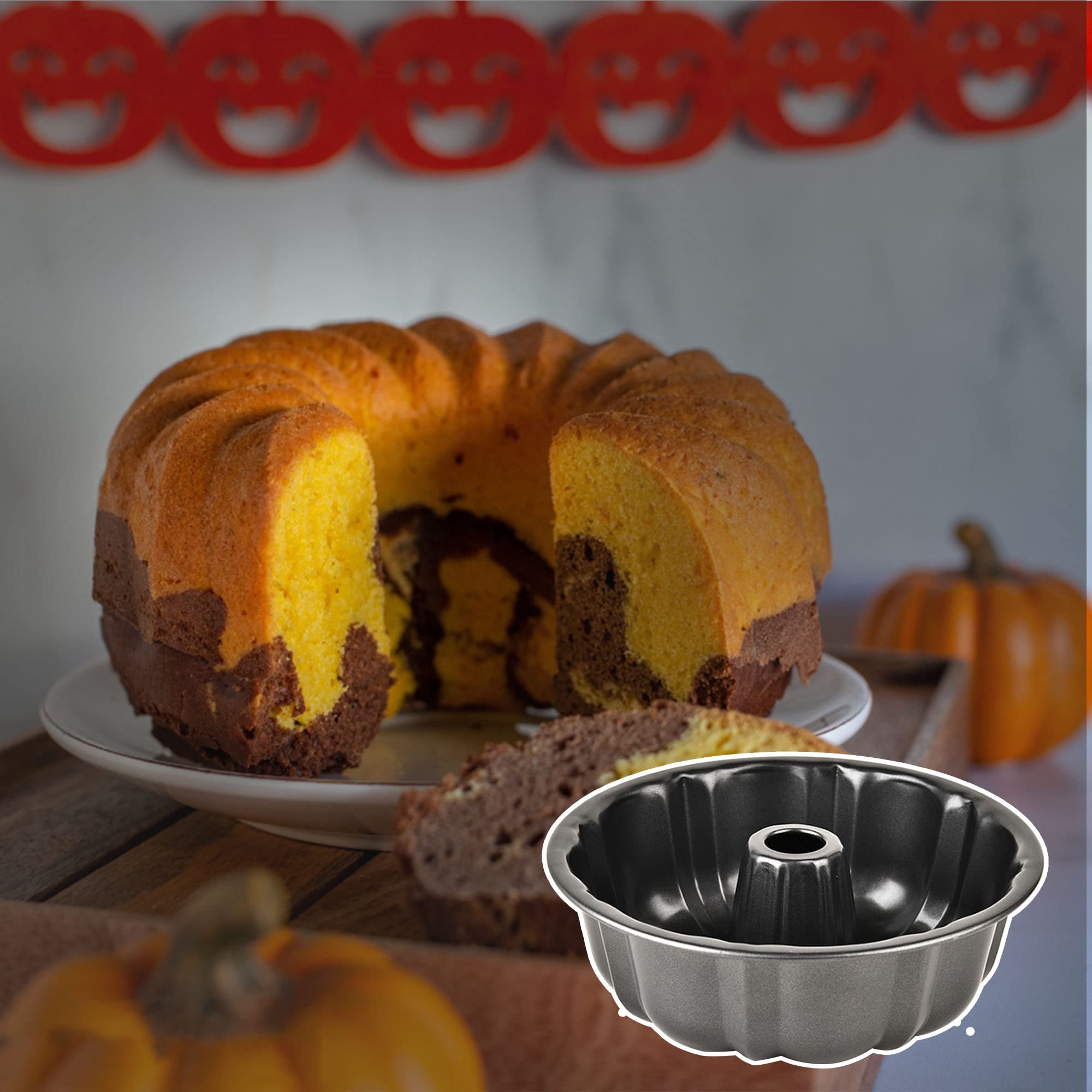 PUNP 10 Inch Non-Stick Fluted Tube Cake Pan, Alloy Steel Bakeware, Black