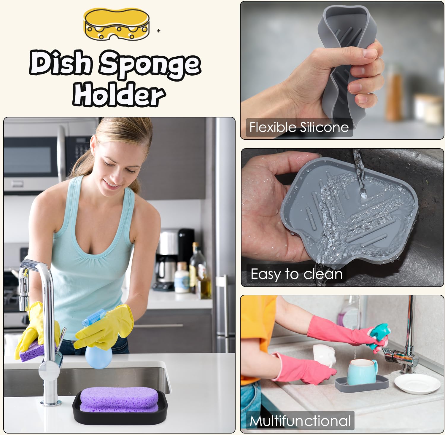 Yasmen 2 Pcs Silicone Soap Dish, Soap Holder With Drain, Sponge Holder For Kitchen Sink, Soap Dispenser Tray, Bathroom & Kitchen