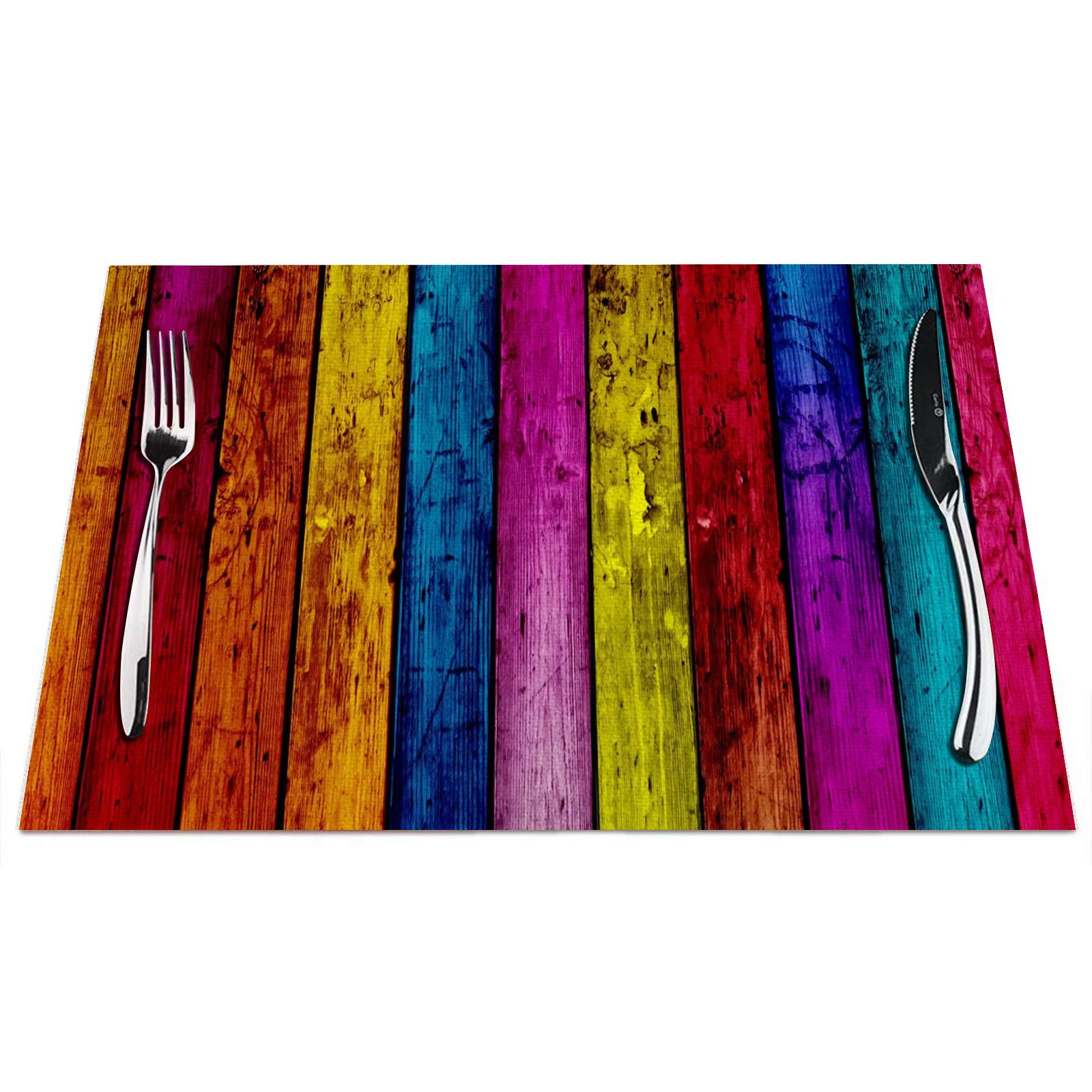 Stripes Placemats Set Of 4, Retro Colorful Wood Stripes Placemats Heat Resistant For Dining Table Non-Slip 18X12 Inches