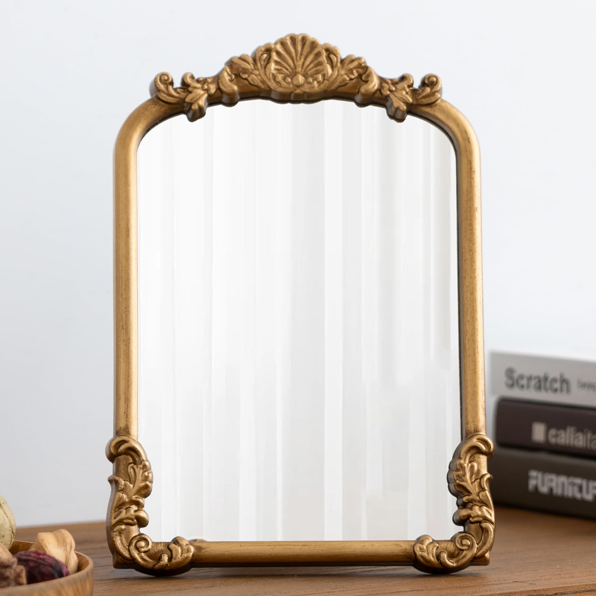 Meolyx Vintage Vanity Small Gold Mirror Antique Makeup Desk Mirror with Stand Arched Table Mirror for Living Room Tabletop Count
