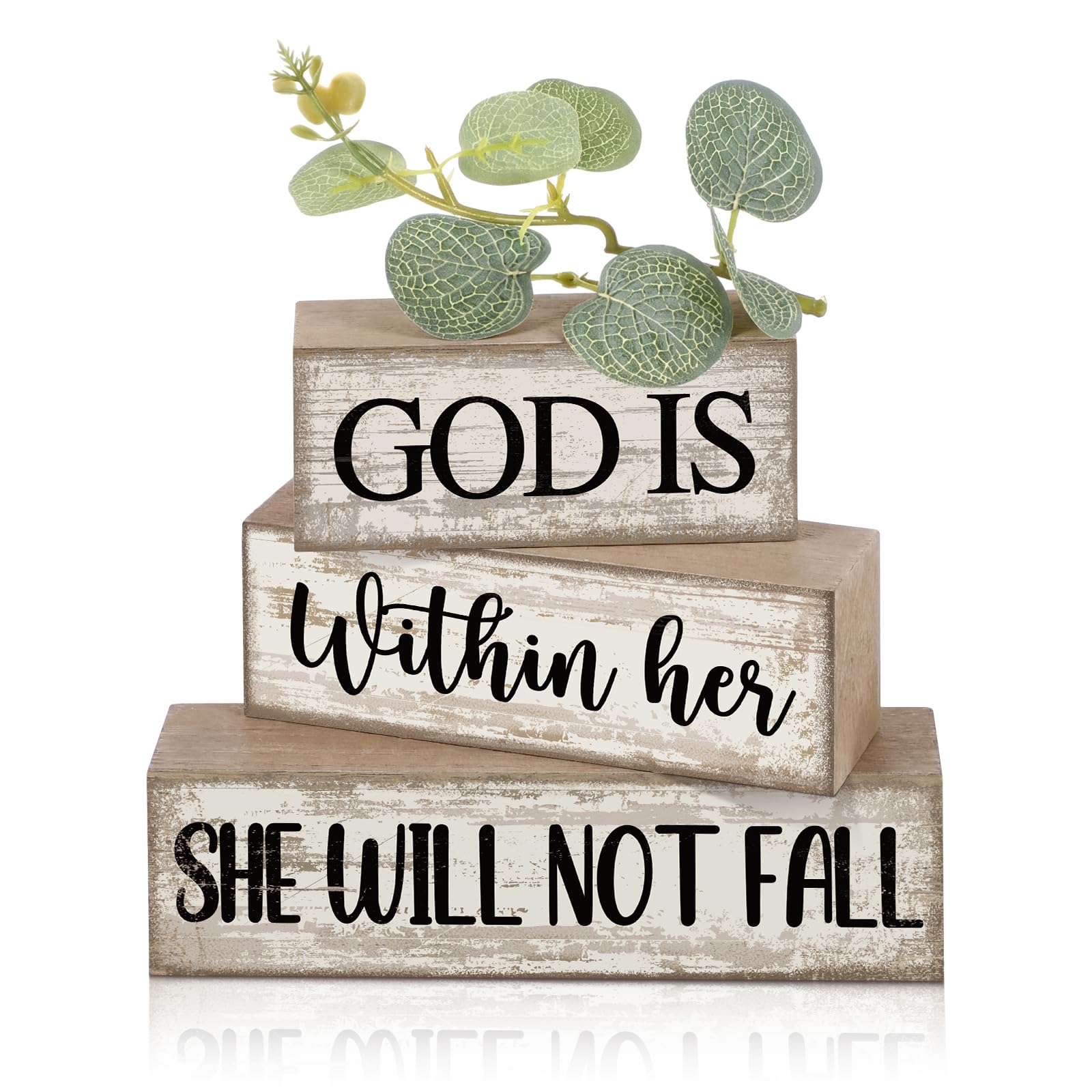 Lineshading 4 Pcs Christian Table Decor Inspirational Religious Gifts for Women God Is Within Her Bible Verse Wooden Block Signs