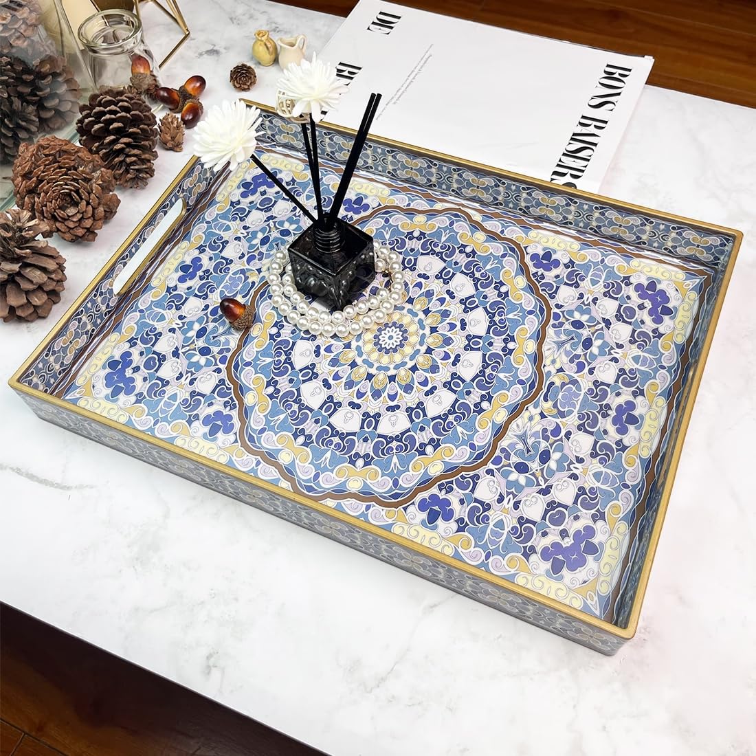 Umisriro Boho Decorative Tray, Modern Blue Serving Tray With Handles, Ottoman Trays Set Of 2, Plastic Coffee Table Tray For Livi
