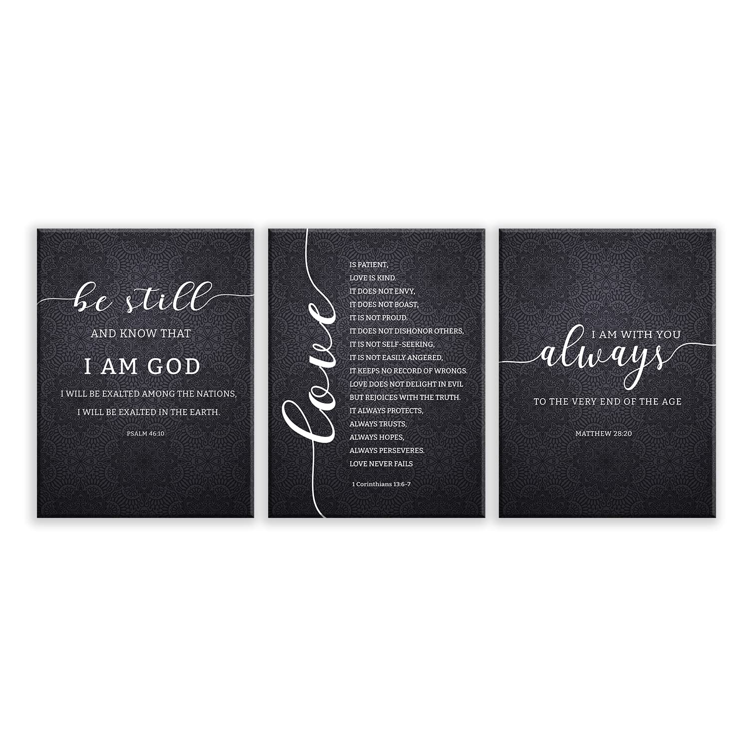 Dazingart Black Bible Verse Wall Art, Large Poster Gallery Set Of 3 Prints, Be Still, Love Is Patient, I Am With You Always, Scr