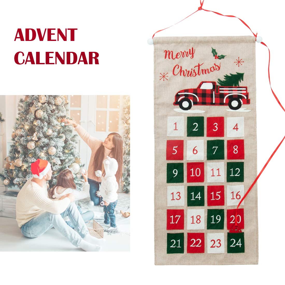 GMOEGEFT Burlap Advent Calendar 2024 Countdown to Christmas with Truck Applique Hanging Xmas Home Wall Fabric Decoration