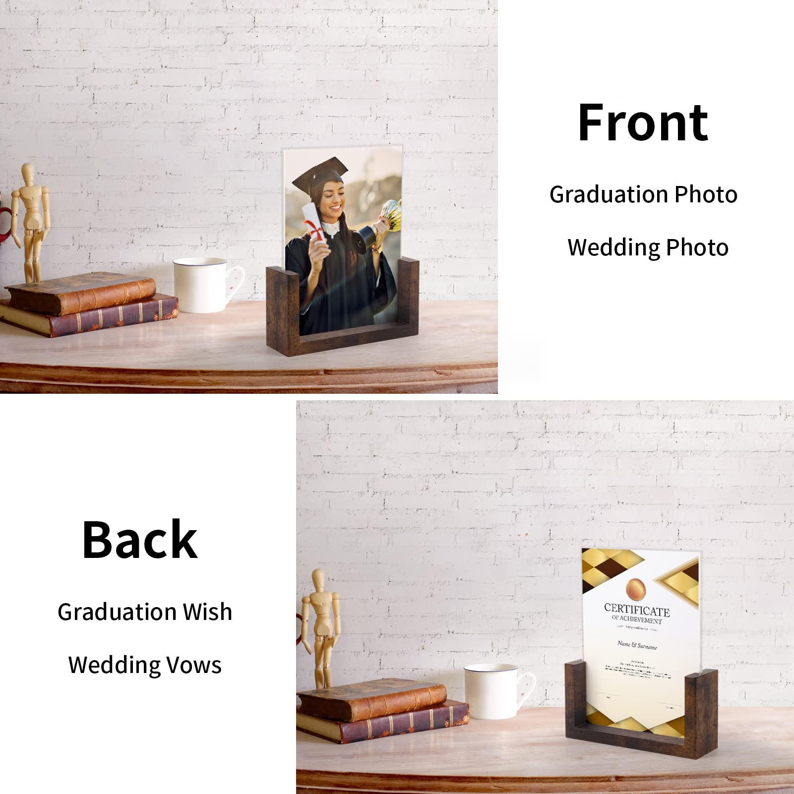 PETAFLOP 5x7 Picture Frame Set of 2, Rustic U-shaped Double Sided Frames Made to Display 5 by 7 Photos, Menu Holder Sign Card St