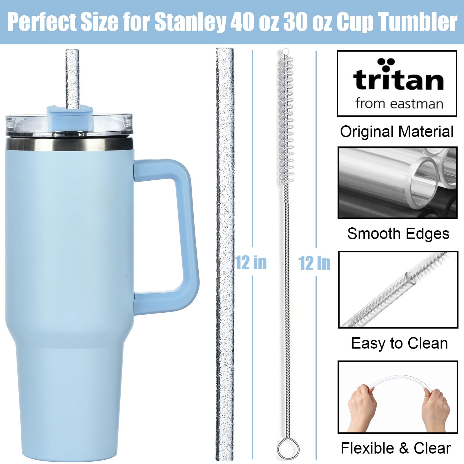 ALINK 10 Pack Replacement Straws for Stanley 40 oz 30 oz Tumbler  12 in Long Reusable Plastic Clear Glitter Straws for Stanley Cup Accessories  Half Gallon Jug  Plus 2 Cleaning Brush