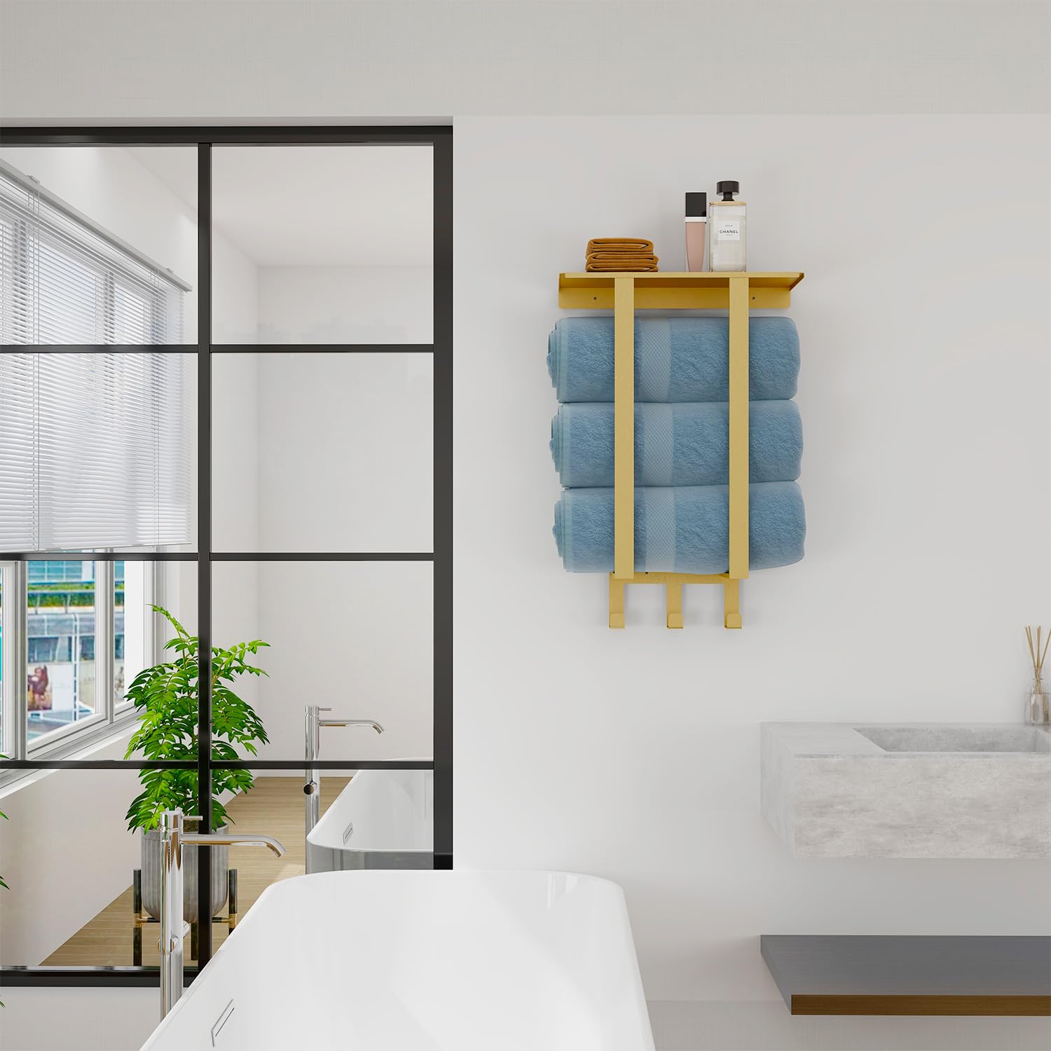 Gold Towel Racks For Bathroom, Bethom Towel Storage Racks With Shelf Wall Mounted, Hand Towel Holder With 3 Hooks For Hand Towel