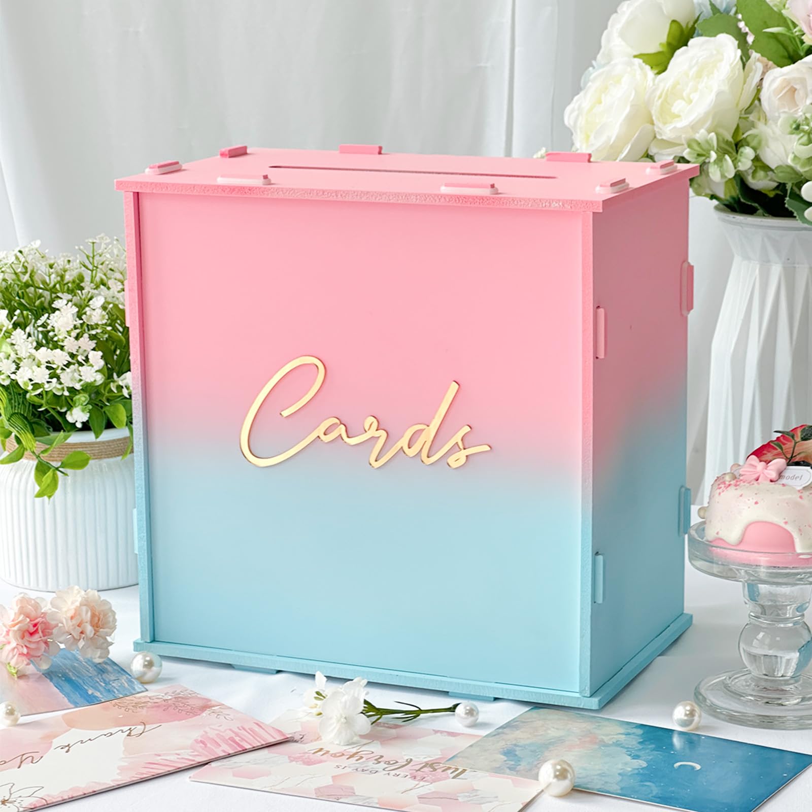 OurWarm Pink and Blue Wedding Card Box, PVC Gift Card Box for Wedding Reception Decorations, Money Gift Boxes with Gold Letters