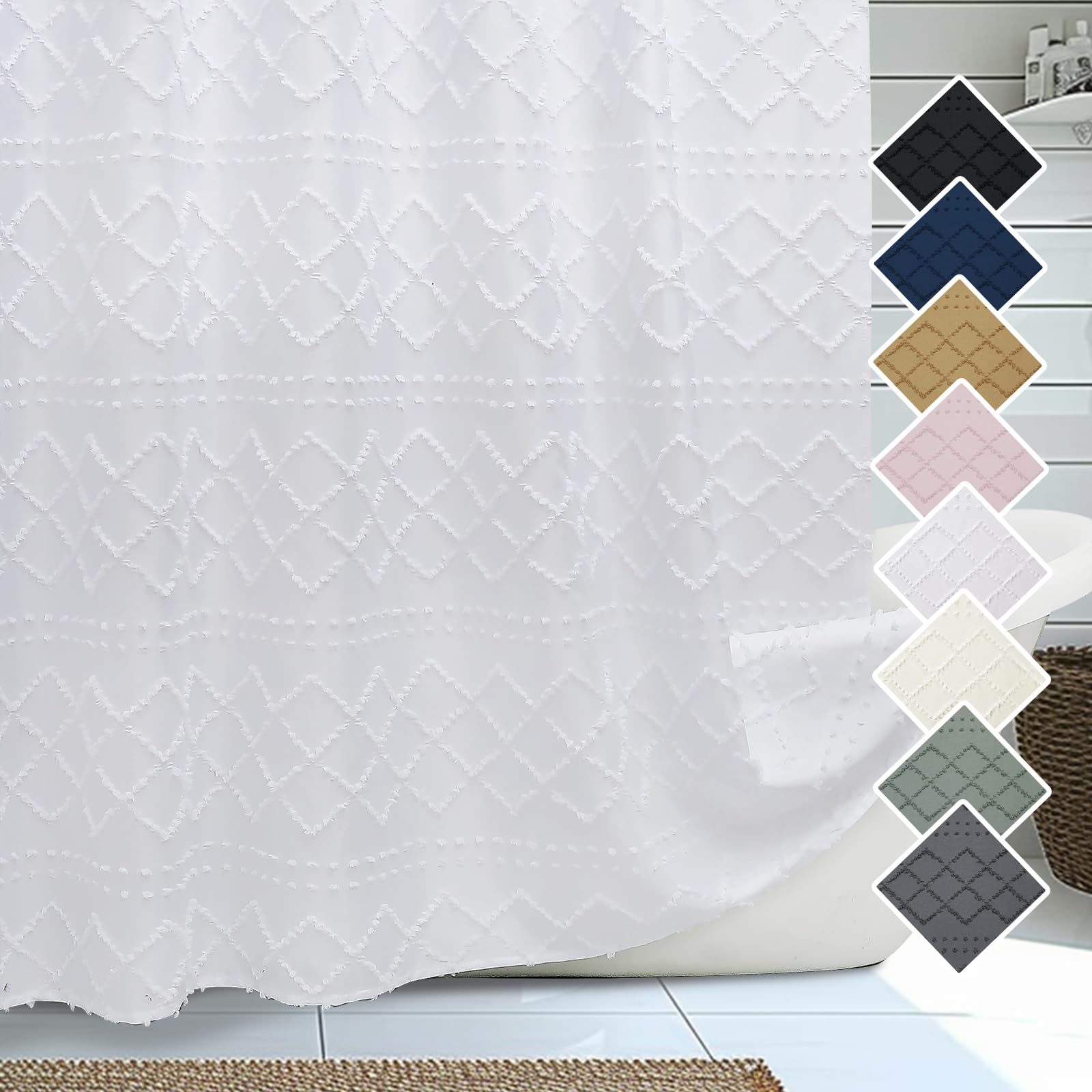 Lecloud White Shower Curtain 72X78 Inches, Farmhouse Clip Jacquard Boho Shower Curtain Minimalist Plaid Striped Bathroom Curtain
