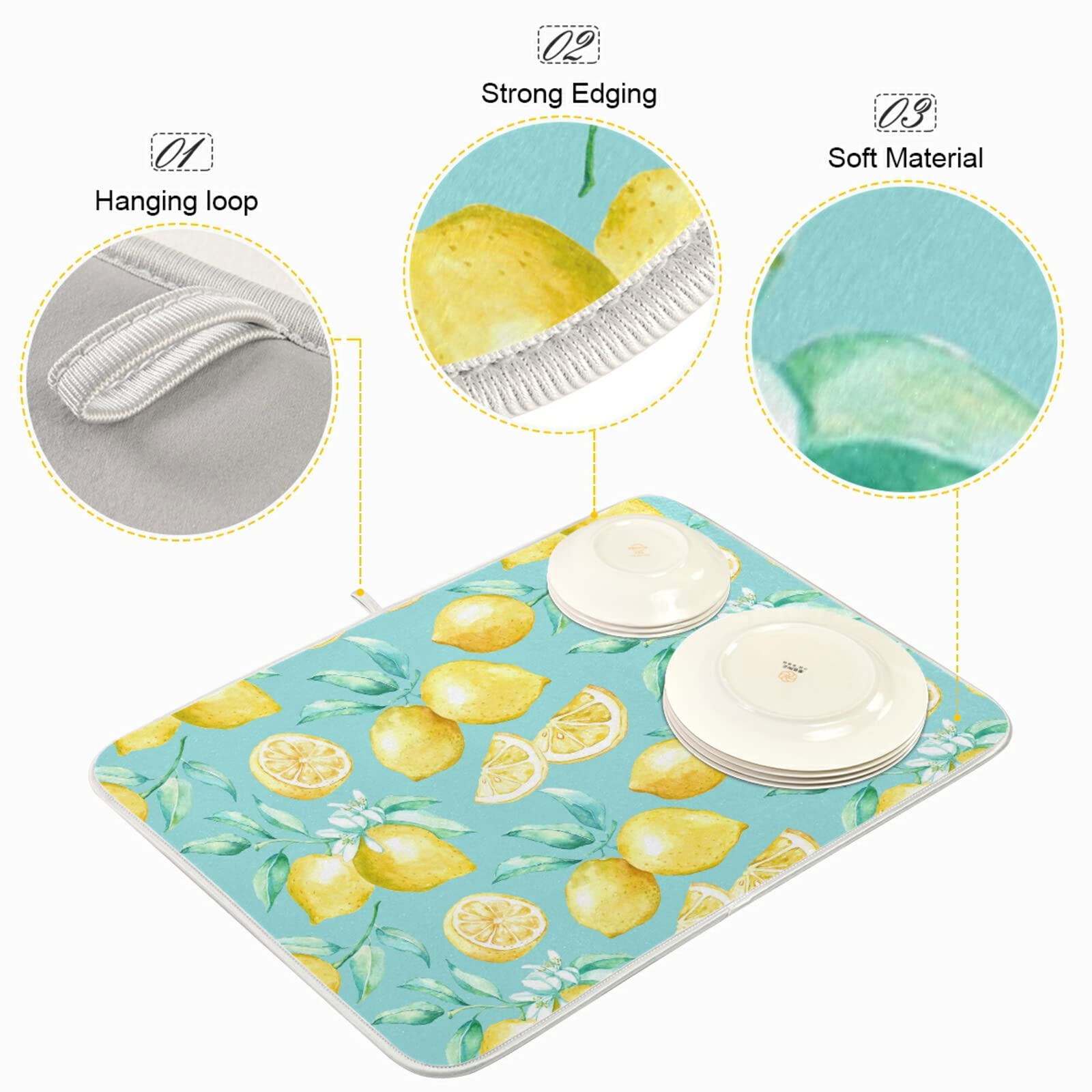 Absorbent Dish Drying Mat For Kitchen Counter - Yellow Lemon Teal Background Microfiber Drying Pad, Reversible Drainer Mats For