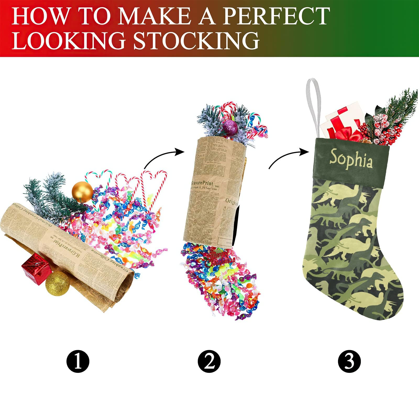 Personalized Custom Name Christmas Stockings Camouflage Dinosaur Holiday Birthday Decor for Kid Pets 17.52 x 7.87 Inch