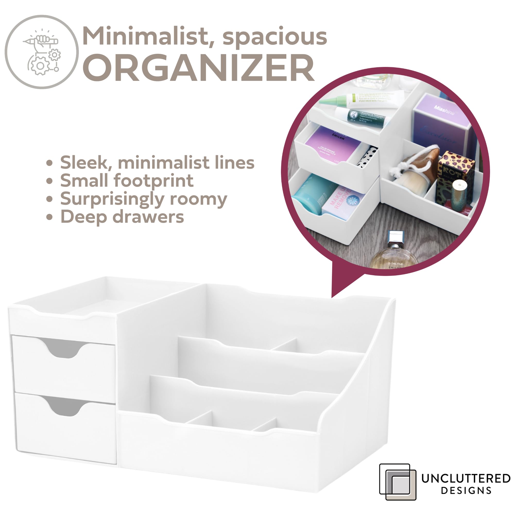 Uncluttered Designs White Makeup Organizer With Drawers-Modern Countertop & Bathroom Sink Storage-Small Dresser Cosmetic Holder for Beauty  Hair  Perfume & Skincare-Girl Vanity Toiletry Tool Caddy