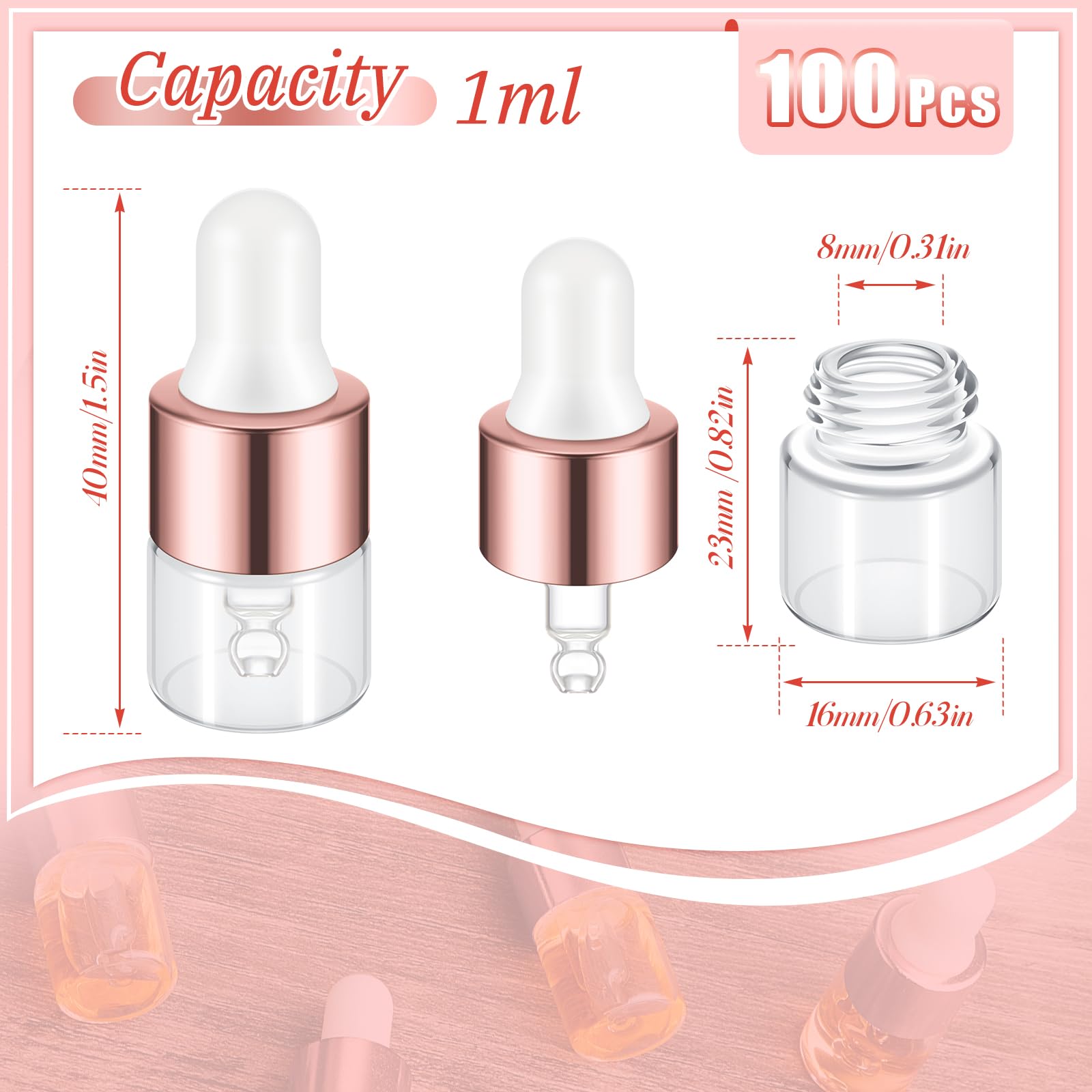 Didaey 100 Pcs Mini Glass Dropper Bottle Bulk, 1 Ml Rose Gold Clear Essential Oil Dropper Bottles Small Tincture Empty Bottles S