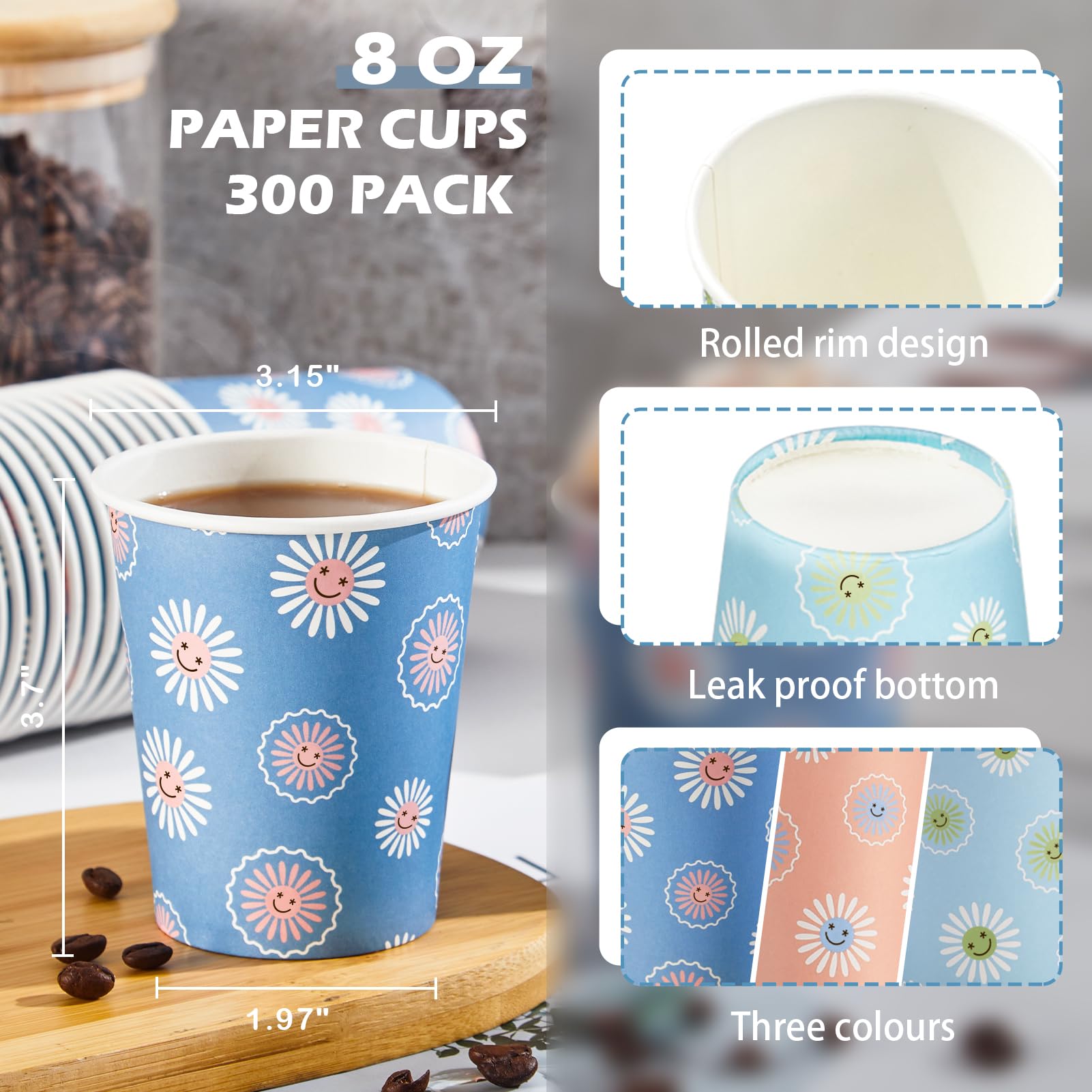 SIUQ 300 Pack 8 OZ Paper Cups  Disposable Coffee Cups without BPA  Hot/Cold Beverage Drinking Cups for Water Juice  Perfect for Office Party Home (Daisy)