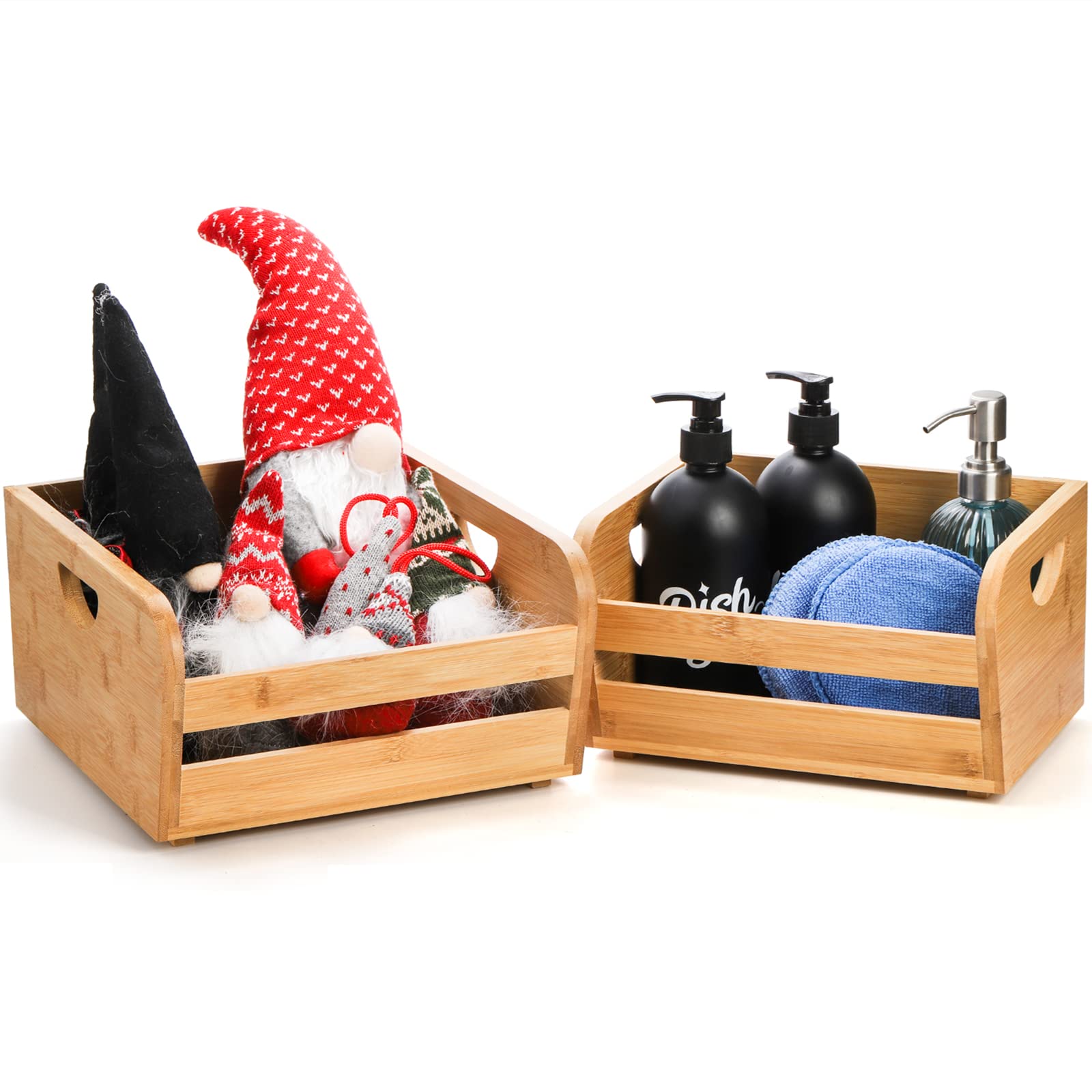 DEAYOU Bamboo Storage Bins - 2 Pack Natural Serving Baskets with Handles, Brown, Model DE-BambooStorageBin-Stack-2P