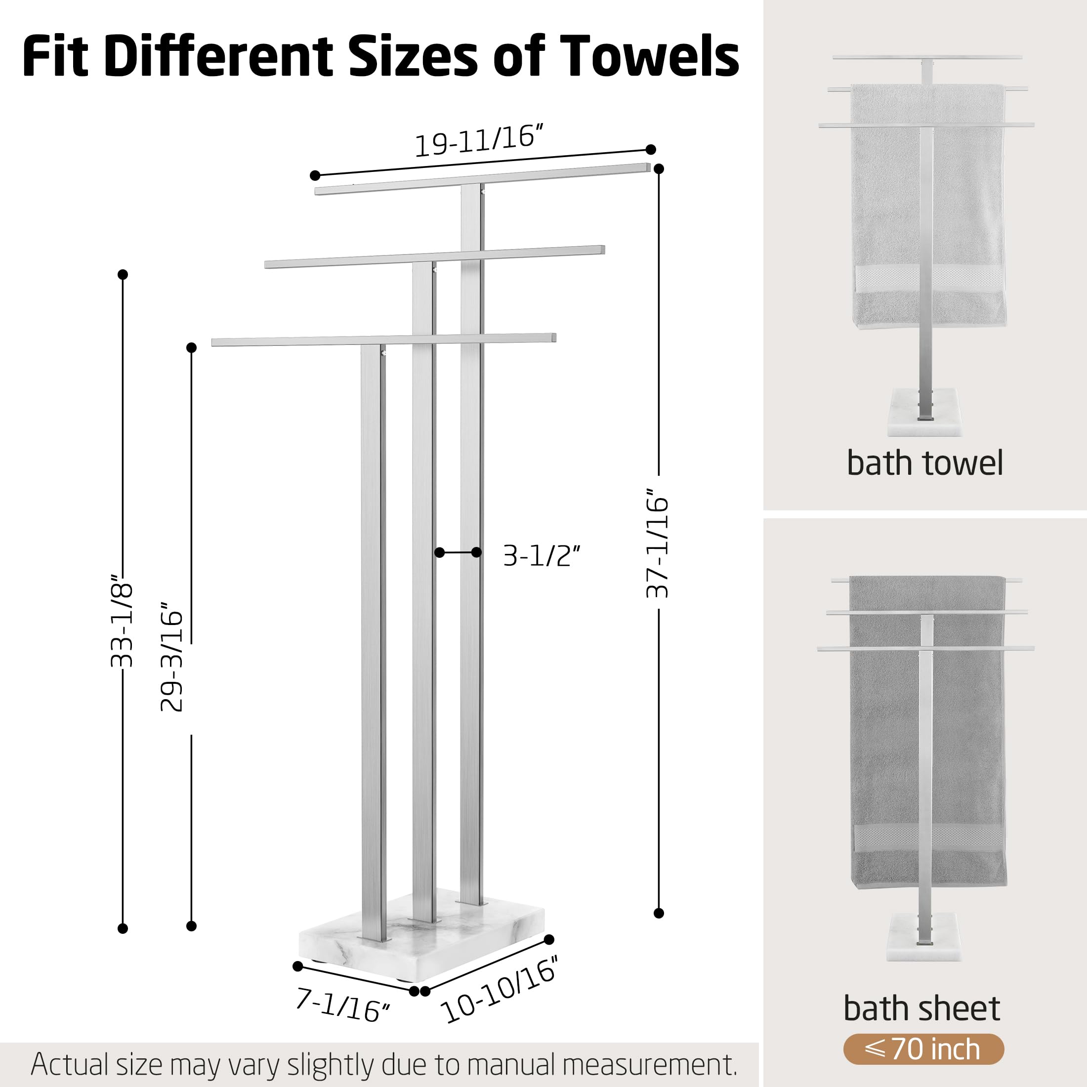 Kes Standing Towel Rack 3-Tier With Heavy Marble Base, Free Standing Towel Racks For Bathroom Floor, Sus304 Stainless Steel Brus
