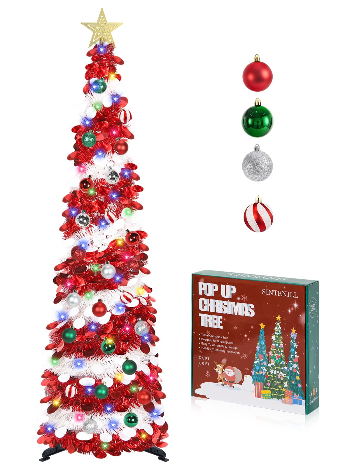 SINTENILL 5 FT Pop Up Christmas Tree with Timer Lights and Decorations, Red White Artificial Tinsel Christmas Tree with 24 Ball 
