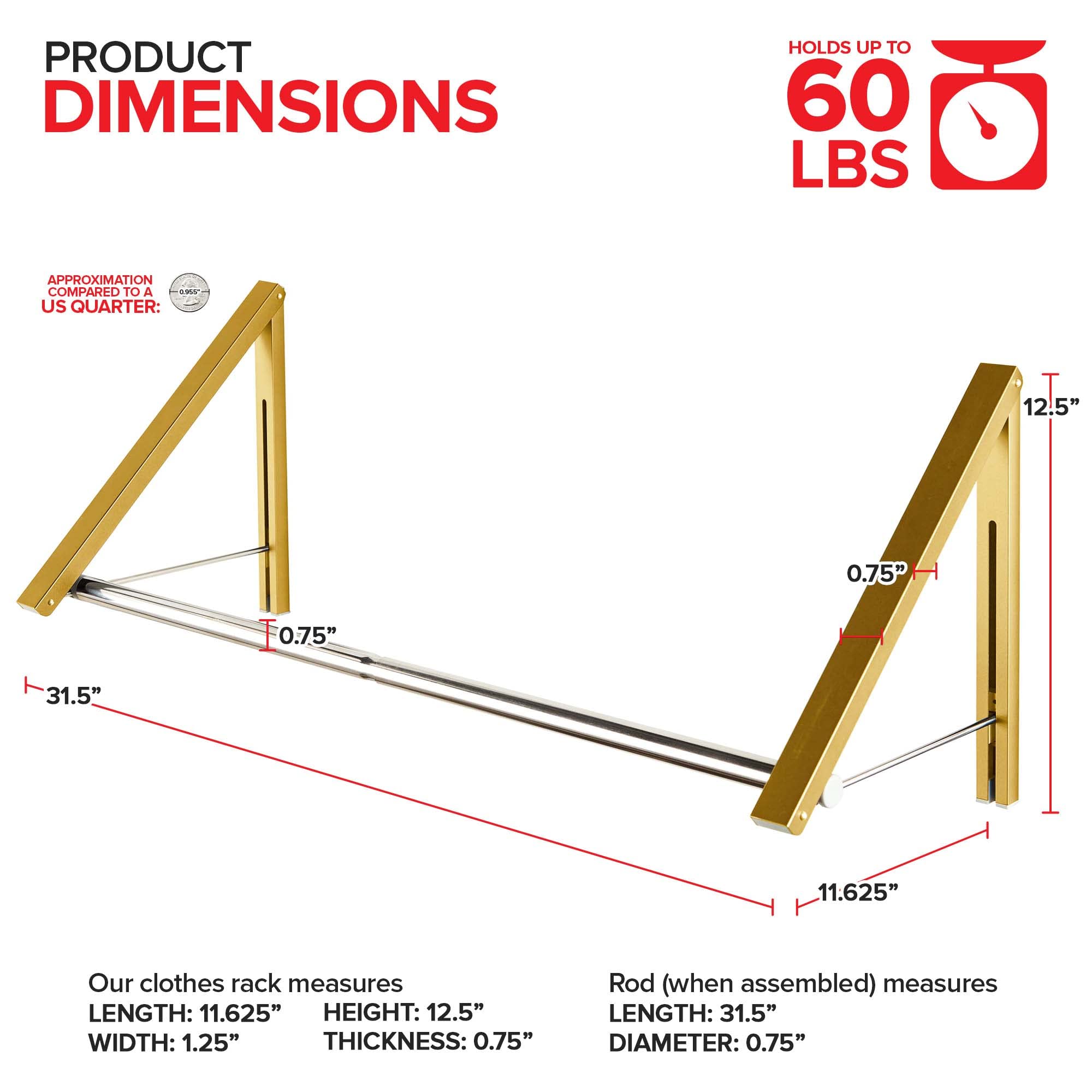Double Foldable Clothing Rack w/ Extension Rod  Wall-Mounted Retractable Clothes Hanger for Laundry Dryer Room  Hanging Drying Rod  Small Collapsible Folding Garment Racks  Dorm Accessories (Gold)