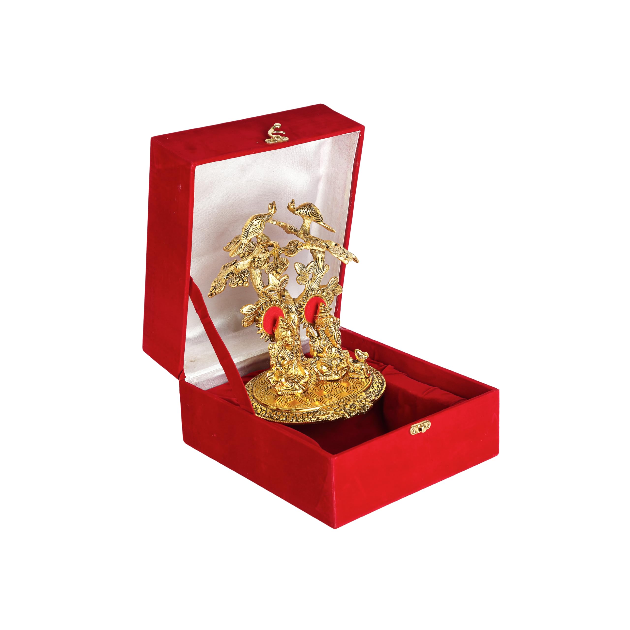 Rkonect Gold Plated Laxmi Ganesh/Ganesha Idol Murti Under Peacock Tree With Velvet Gift Box || L17 X W14 X H22 Cm || Pack Of One