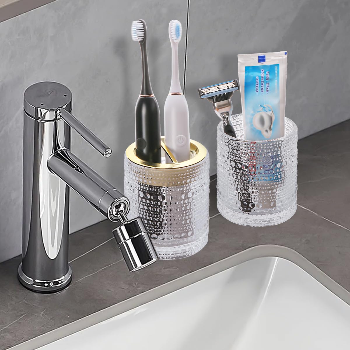 Tonxus Toothbrush Holders For Bathrooms,Clear Glass Toothbrush And Toothpaste Holder,10Oz Bathroom Tumbler And Mouthwash Cup,Bat