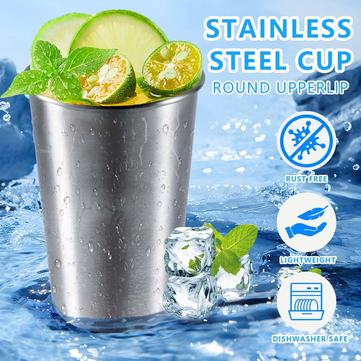 Kiseer 5 Pack 16 Ounce Stainless Steel Pint Cups Shatterproof Cup Tumblers Unbreakable Metal Drinking Glasses For Bar, Home, Res
