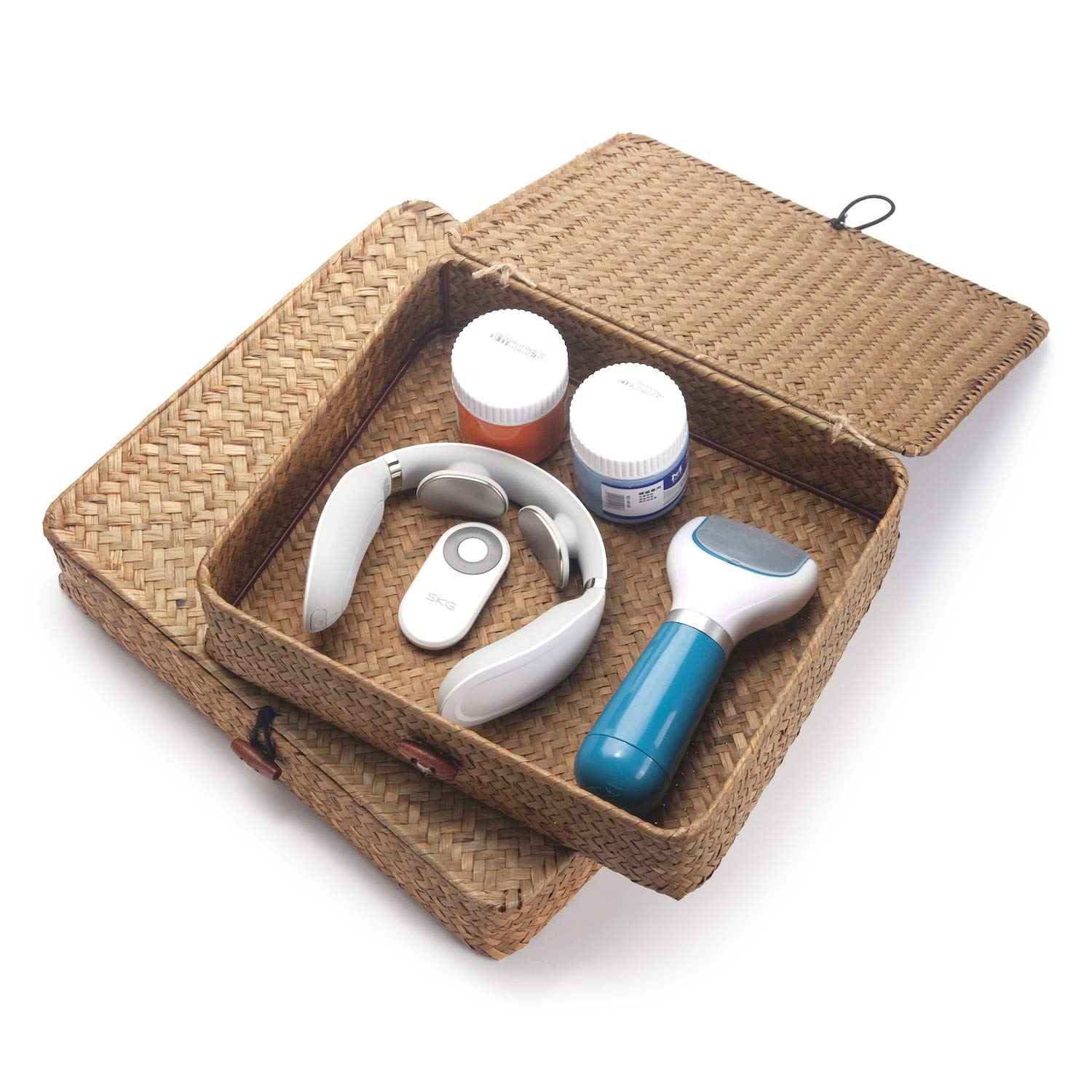 Flat Seagrass Storage Bins with Lid  Wicker Basket for Shelf Organize  Set of 2 (Small+Large)
