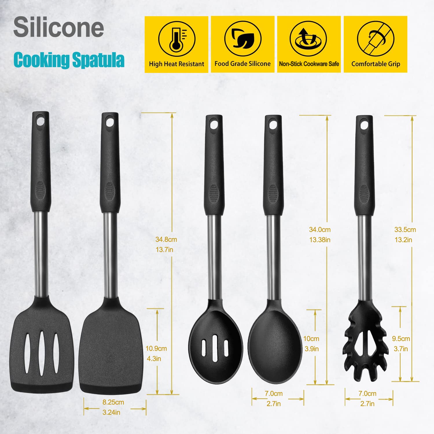 Silicone Spatula And Cooking Spoon,5 Pack Non-Stick Cooking Utensils For Kitchen,Heat Resistant Solid & Slotted Spoons And Spatu