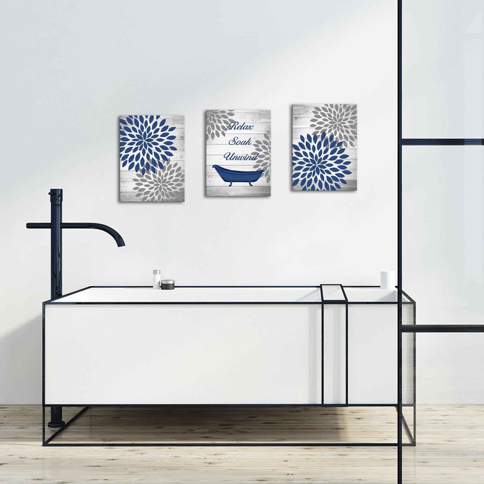 RnnJoile 3 Pieces Rustic Floral Canvas Wall Art Dahlia Relax Soak Unwind Painting Artwork for Home Bathroom Decor Navy Blue Flower Picture Print Framed Ready to Hang Each Piece 12x16 Inch