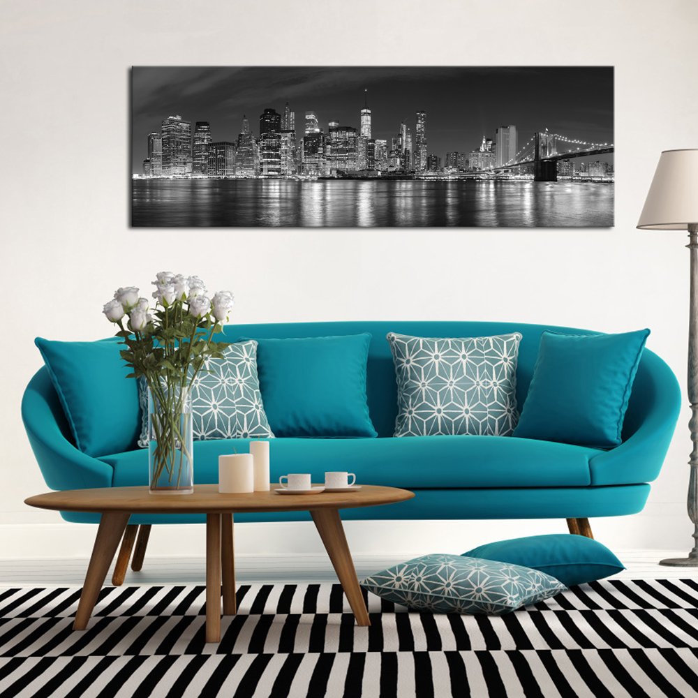 Wieco Art New York Manhattan Night View In Black And White Giclee Canvas Prints Modern Stretched And Framed Art Work Cityscape P