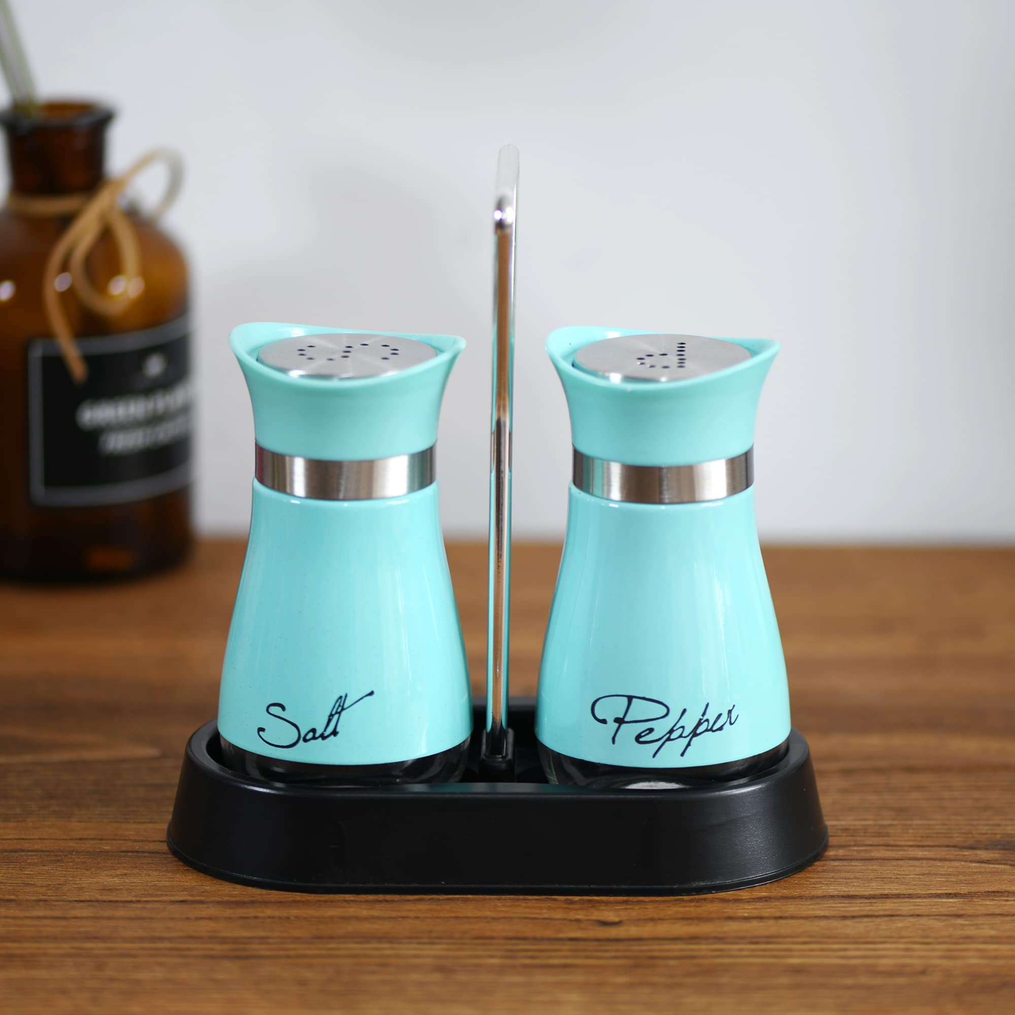 2 Pcs - Stainless Steel And Glass Salt And Pepper Shaker Sets With Holder (Blue)