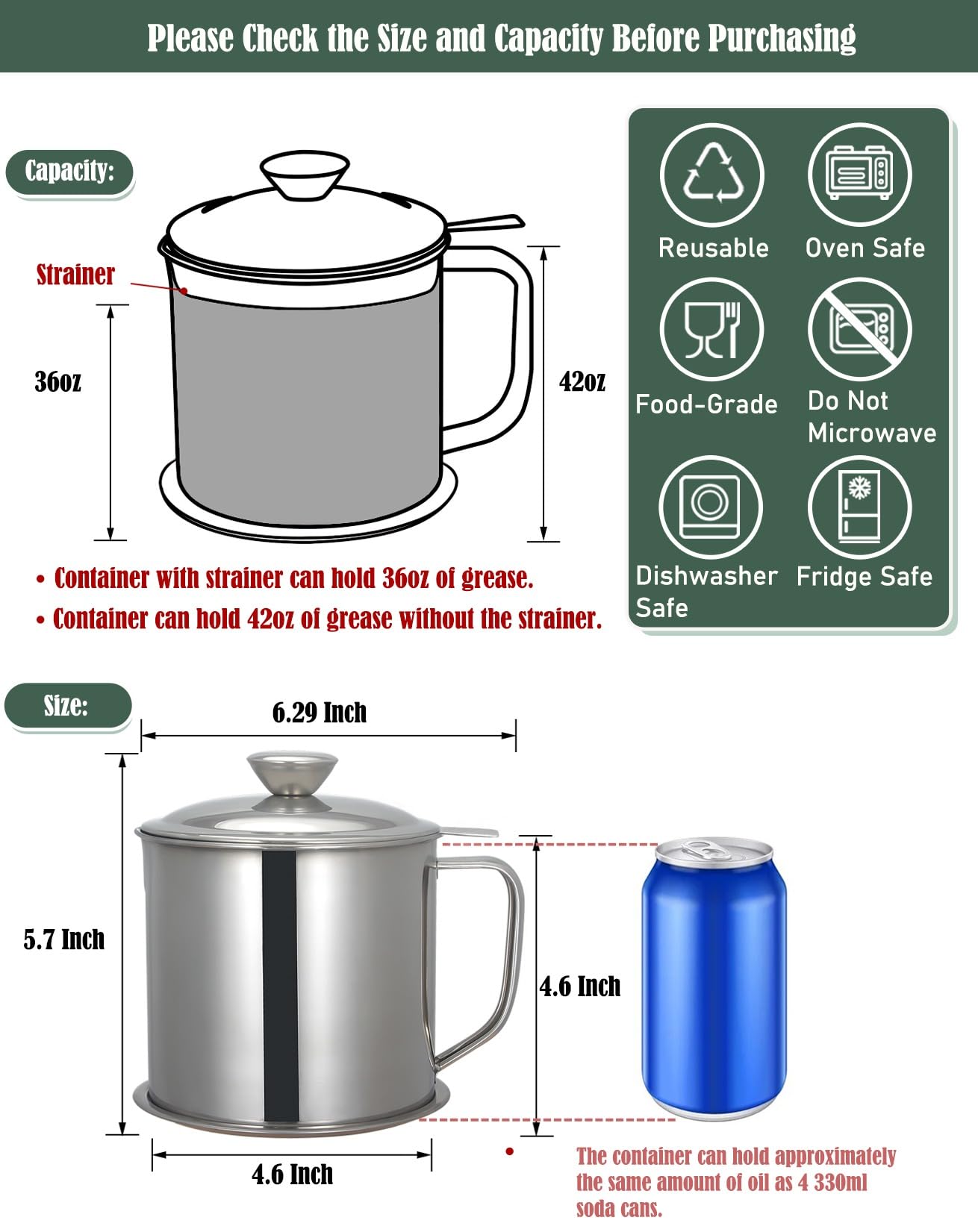 Tellshun Bacon Grease Container With Strainer 1.25 L / 42 Oz Strong Kitchen Catcher Food-Grade Stainless Steel Cooking Oil Keepe