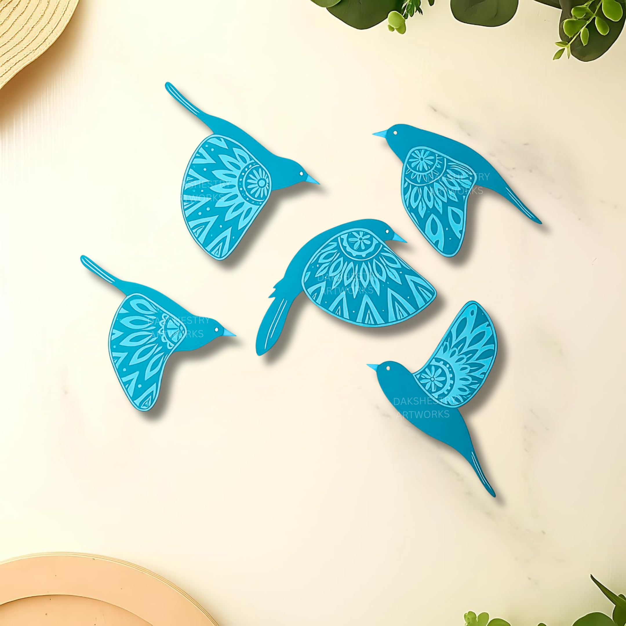 Dakshestry Artworks Wooden 3D 5 Pieces Birds For Wall Art Panel | Wood Bird Folk Art Wall Hanging Art Decoration Item For Living