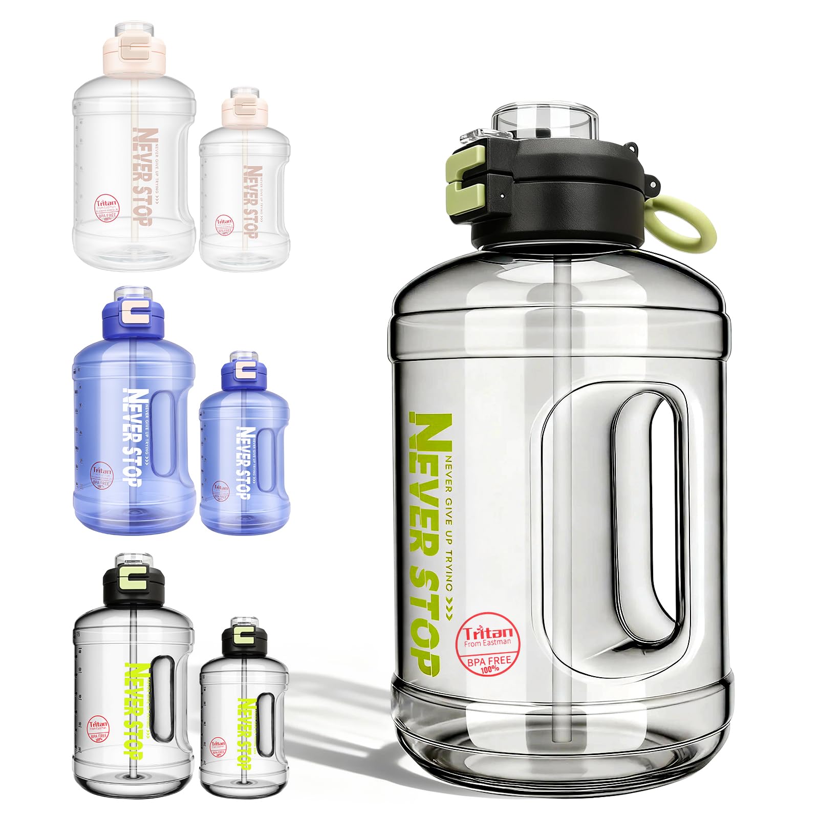 Water Bottle Large Water Jug with Handle, 2in1 Fliptop Lid, Black, 54oz