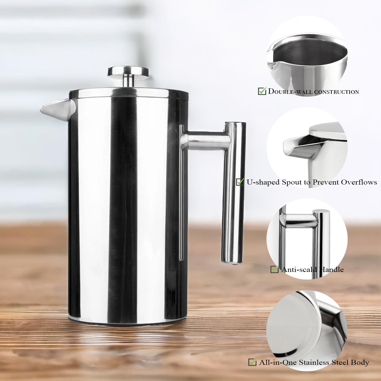 Highwin Small Stainless Steel French Press  12-Ounce Dual-Filter Coffee Plunger Pot Brewer and Maker for Individual Serving  Silver