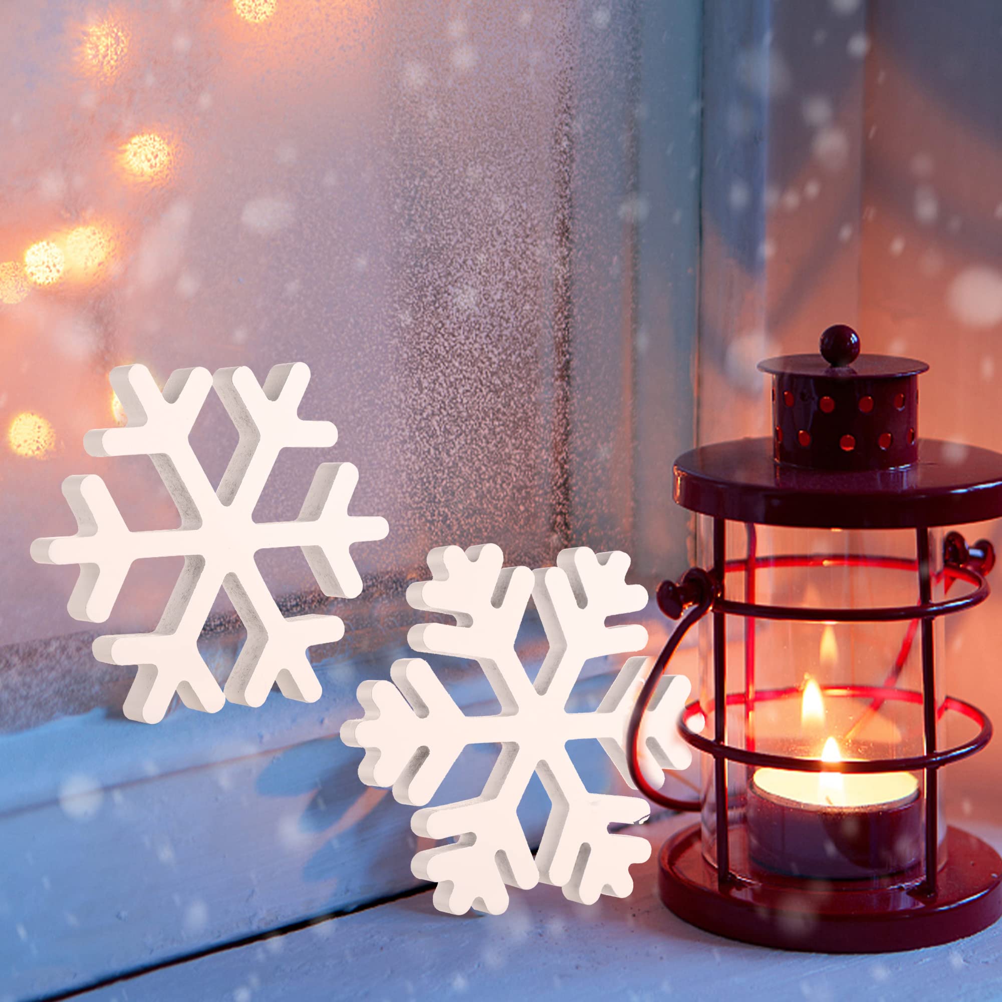 5 Pieces Christmas Wooden Snowflake Decor Winter Snowflake Wood Blocks White Snowflake Table Wood Signs Winter Tiered Tray Woode