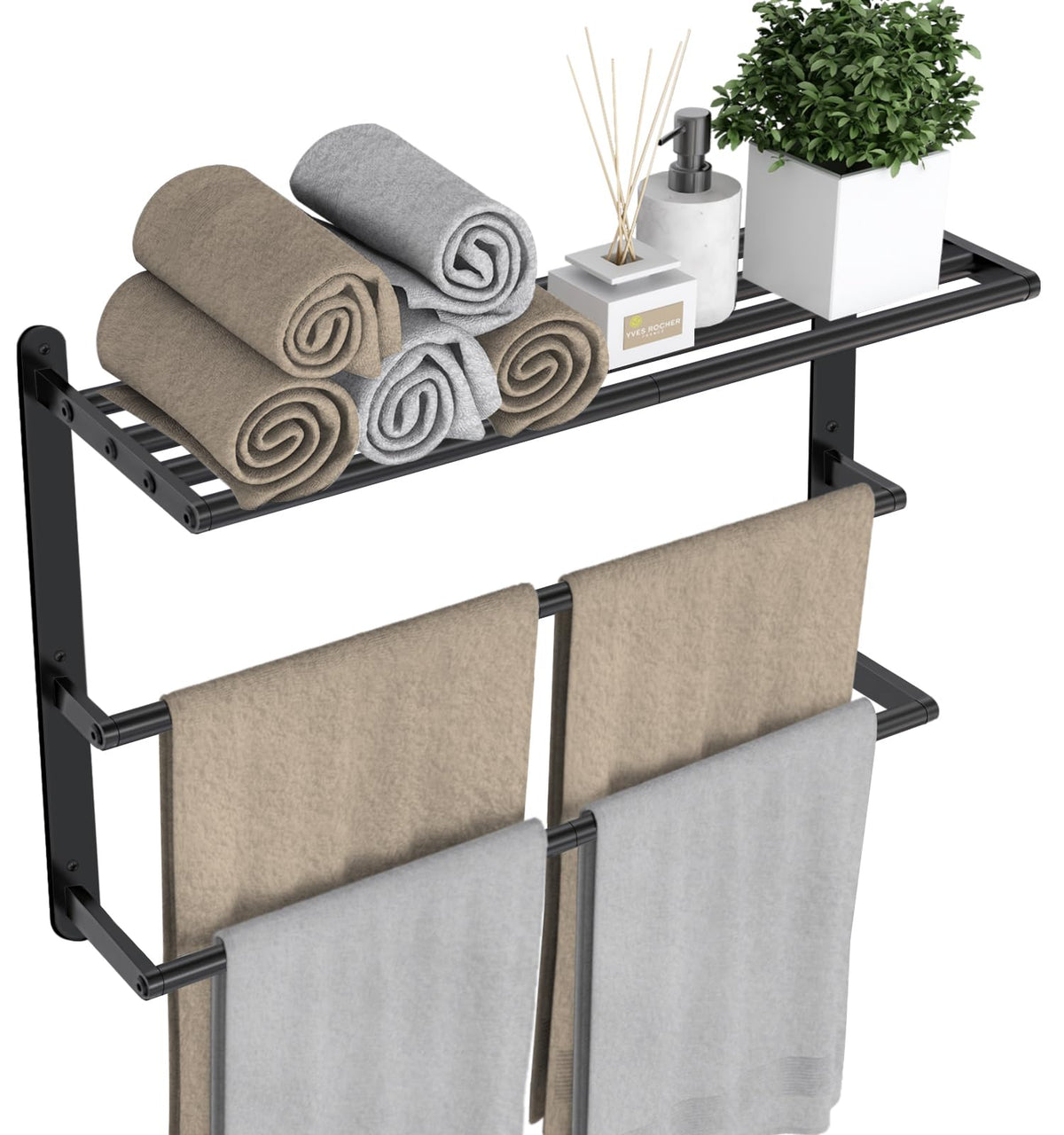 Votzaaq Towel Racks For Bathroom, 24 In Black Towel Shelf With Double Towel Bar, 3 Tier Stainless Steel Towel Storage, Bath Towe