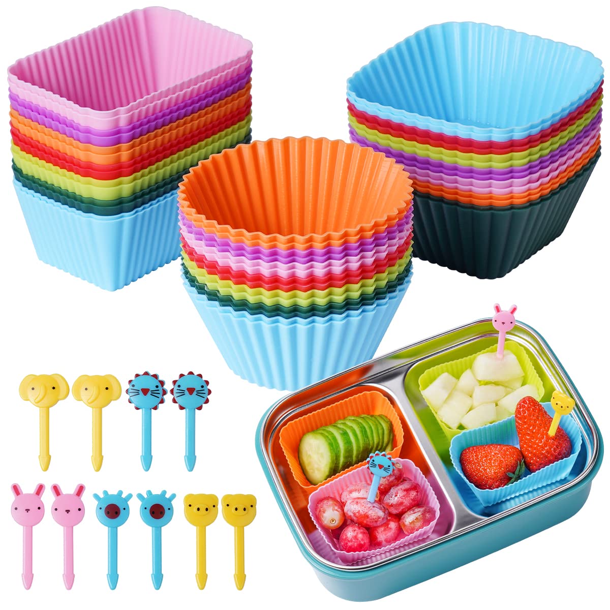 Silicone Lunch Bento Box, 52 Pack Bento Lunch Box Bundle Dividers With Food Picks Lunch Accessories, Durable, Reusable, Bpa-Free