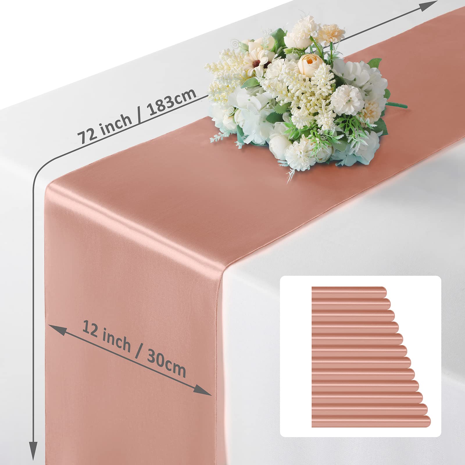 Manyshofu 12Pcs Satin Rose Gold Table Runner - 12 x 72 Inch Long Size  Party Table Runner Decor Bright & Smooth Wedding Decorations Table Runner for Banquet Chef Birthday Buffet Dinner Graduations