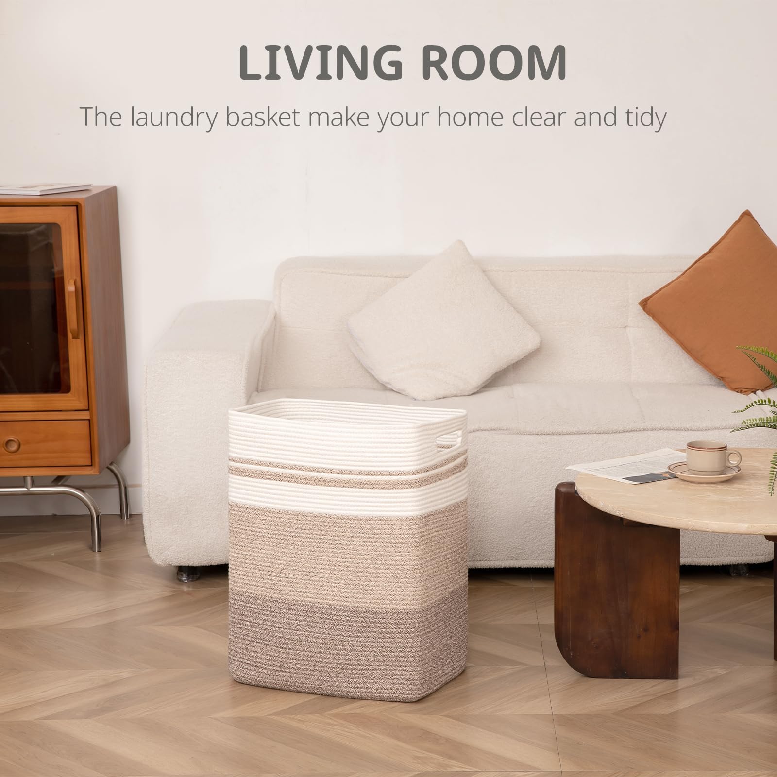 Oiahomy Rectangle Laundry Basket, Large Laundry Hamper With Handles, Cotton Blanket Basket For Living Room, Woven Decorative Sto