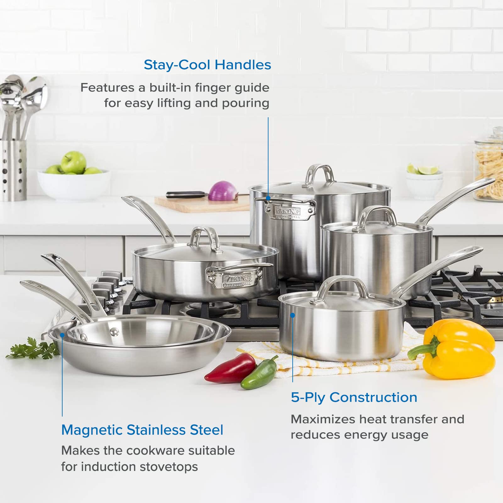 Viking Culinary Professional 5-Ply Stainless Steel Cookware Set, 10 Piece, Dishwasher, Oven Safe, Works on All Cooktops includin