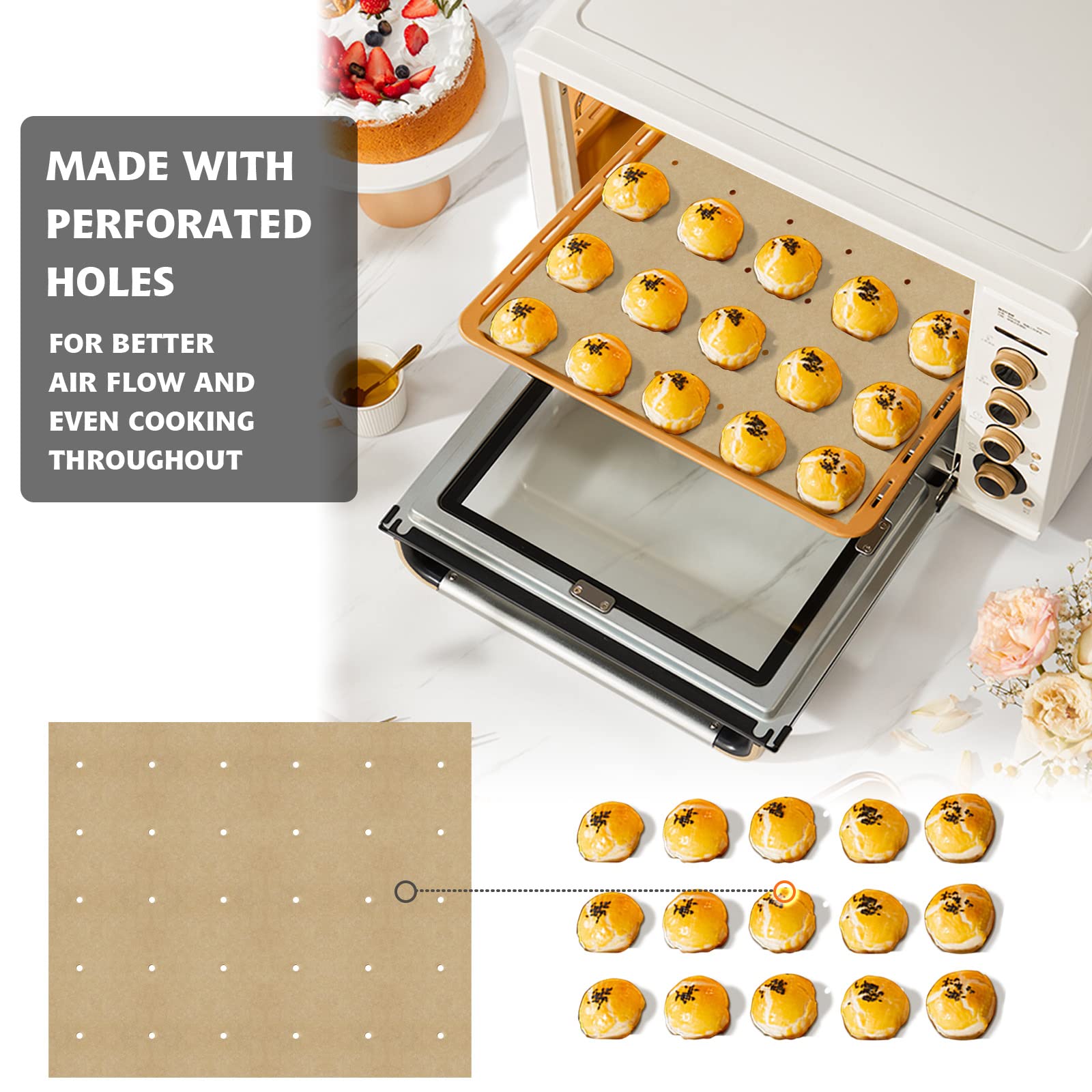 100 PCS Unbleached Parchment Paper  Perforated Square Liners for Cuisinart  Breville  Black and Decker Air Fryer  Toaster Ovens  11 x 9 inch